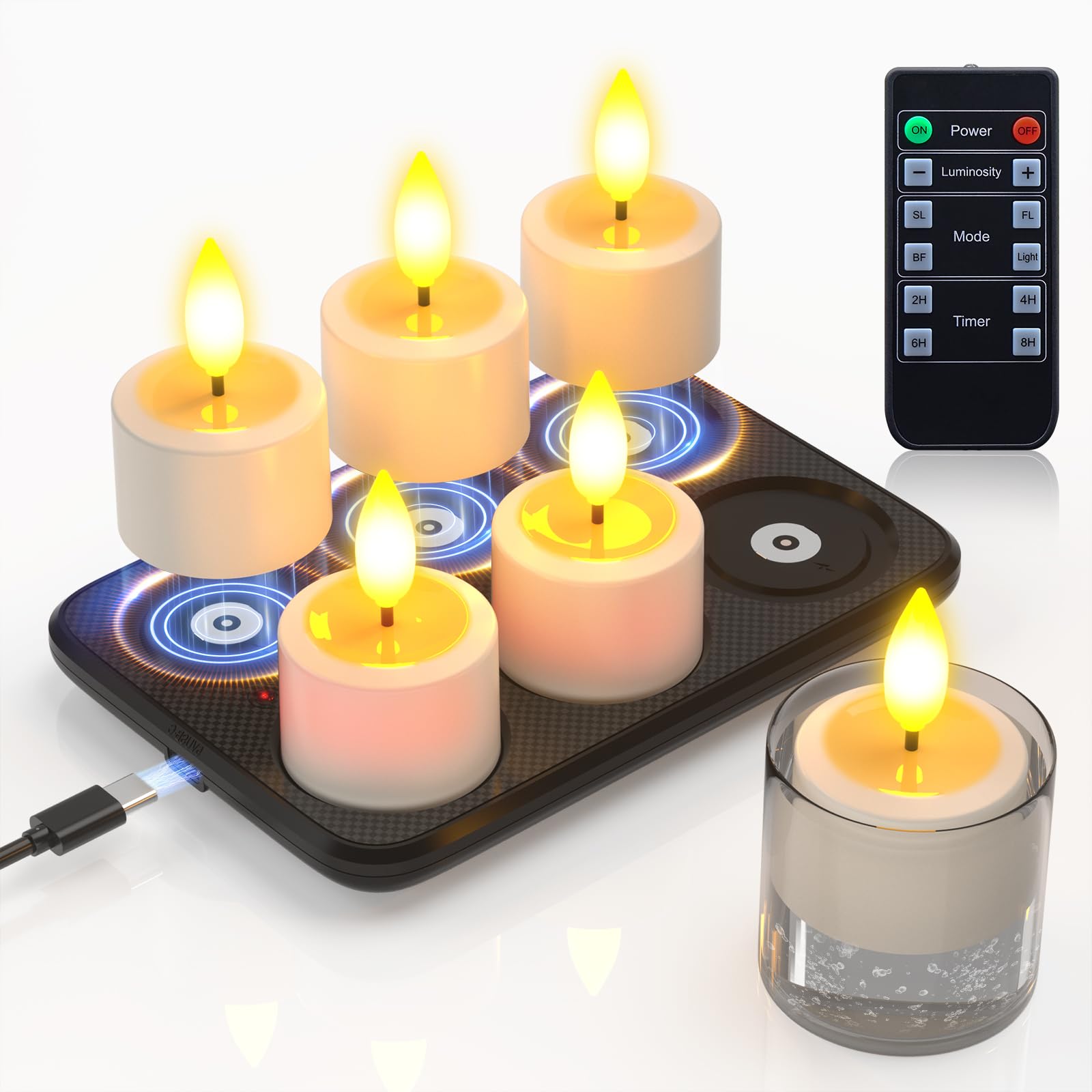 PChero Candele da tè ricaricabili con stazione magnetica, confezione da 6 candele elettriche senza fiamma a LED tremolanti con timer remoto per esterni, impermeabili, per casa, camera, bagno, giardino