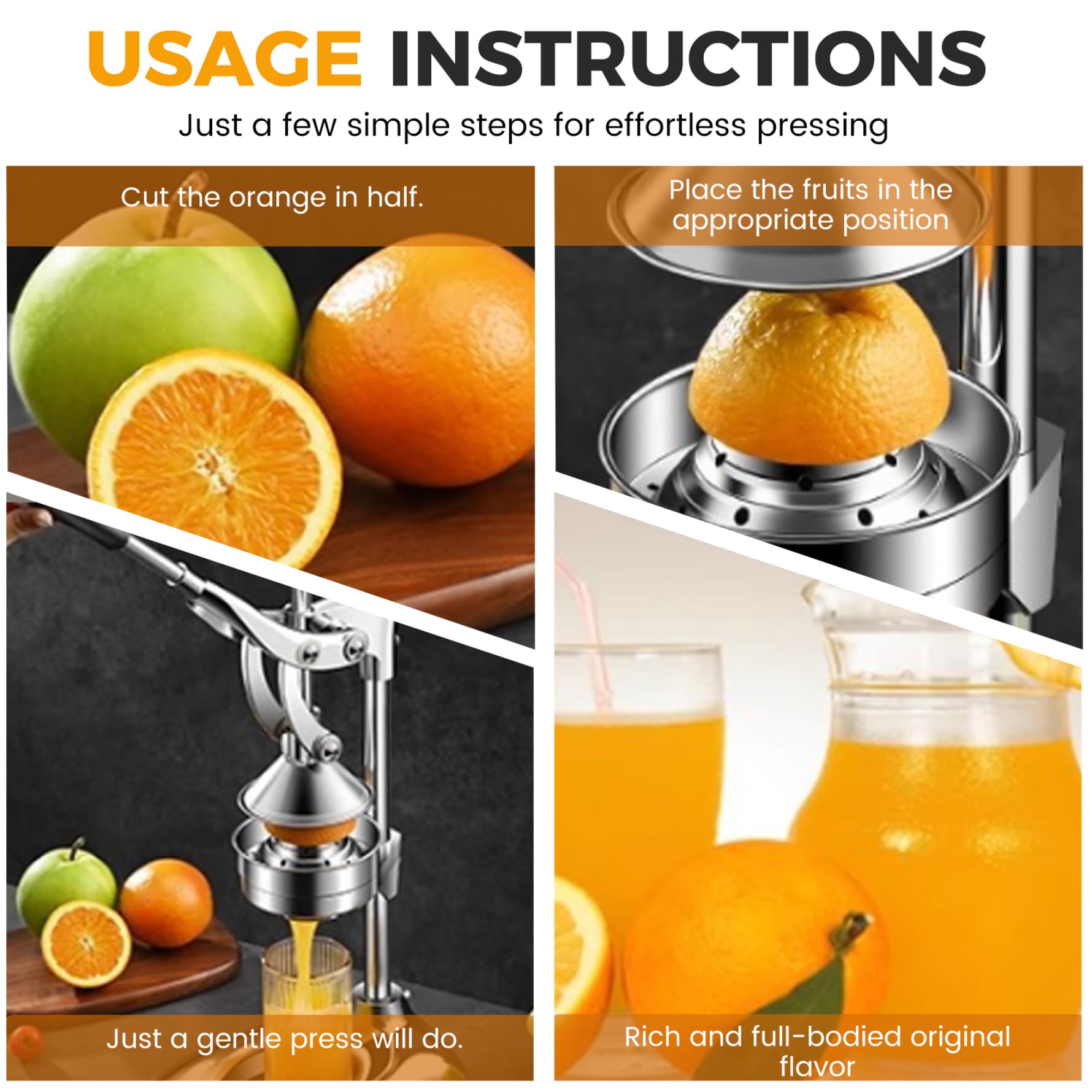 Presse-agrumes manuel avec poignée antidérapante, presse-fruits en acier inoxydable 304, extracteur de jus efficace pour oranges, raisins, citrons et baies de cuisine.