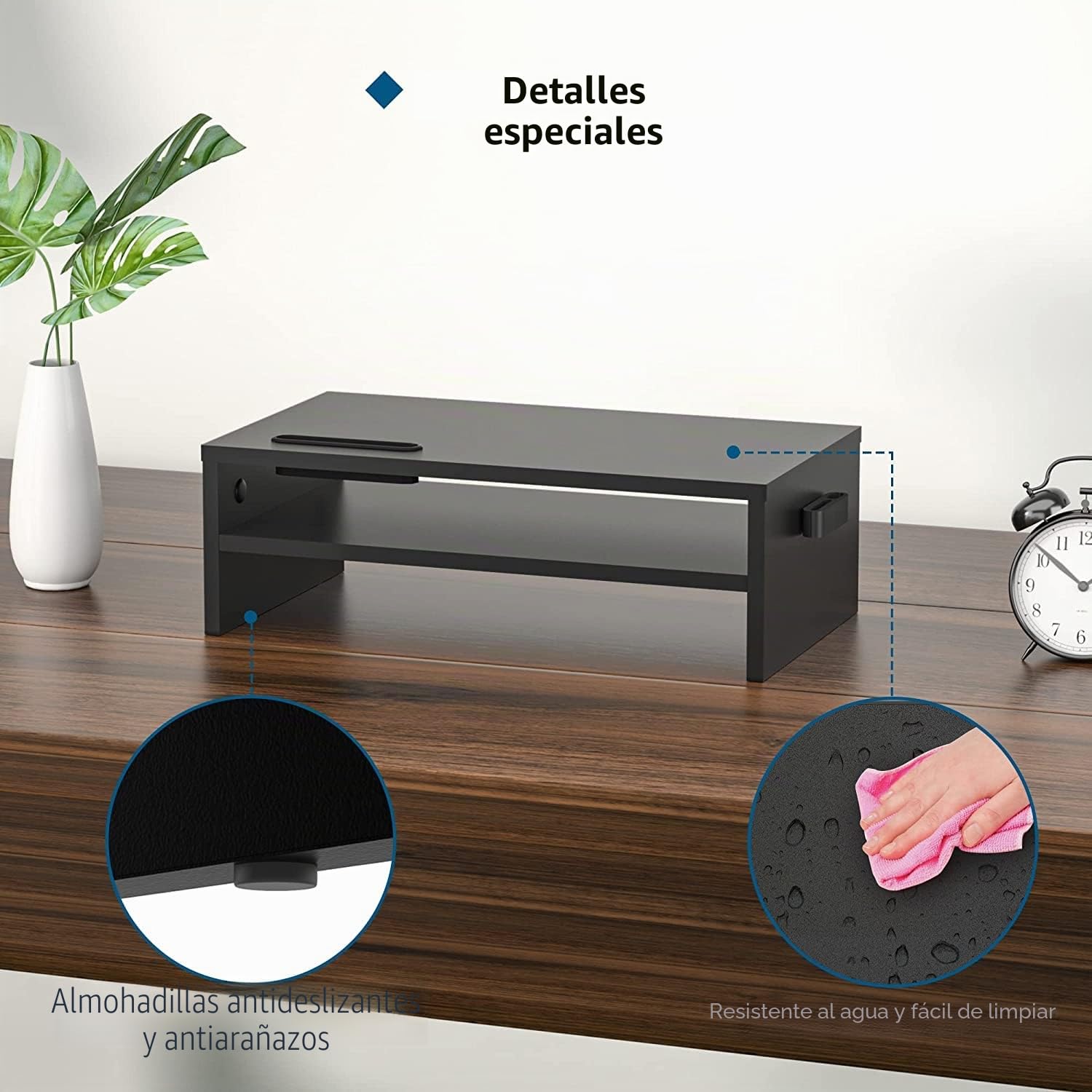 BONTEC Elevador Monitor Escritorio Madera, Soporte 2 Niveles Gestión Cables Ranura Móvil, 30 kg, Negro 420x235x142mm