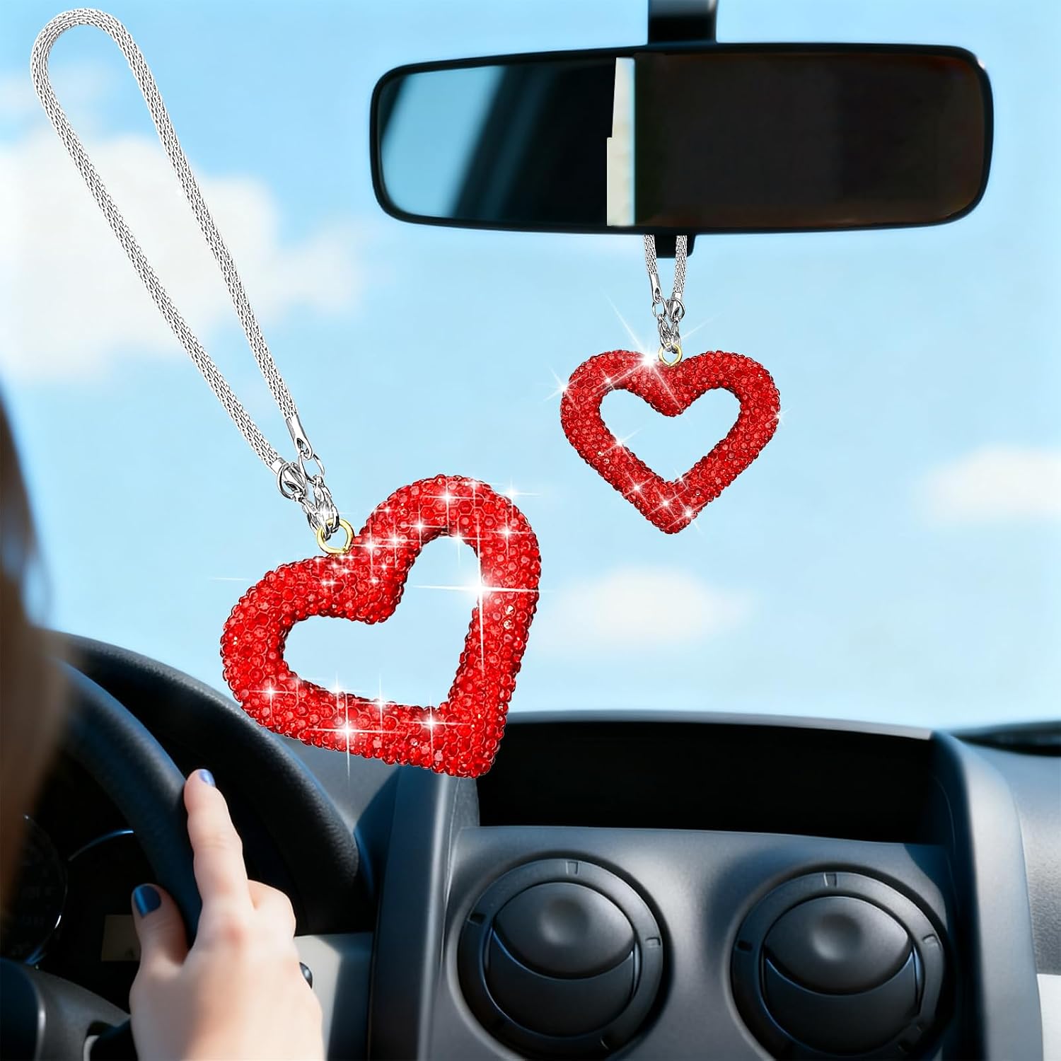 Bling Heart Car Hanging Accessories, Crystal Rhinestone Vehicle Rear View Mirror Interior Mirrors Charm Pendant Ornaments, Interior Hanger Decoration (Sliver)