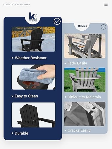 Vista 131 de KINGYES - Silla Adirondack plegable, sillas de patio de polietileno de alta densidad para todo tipo de clima, silla de césped con textura de madera