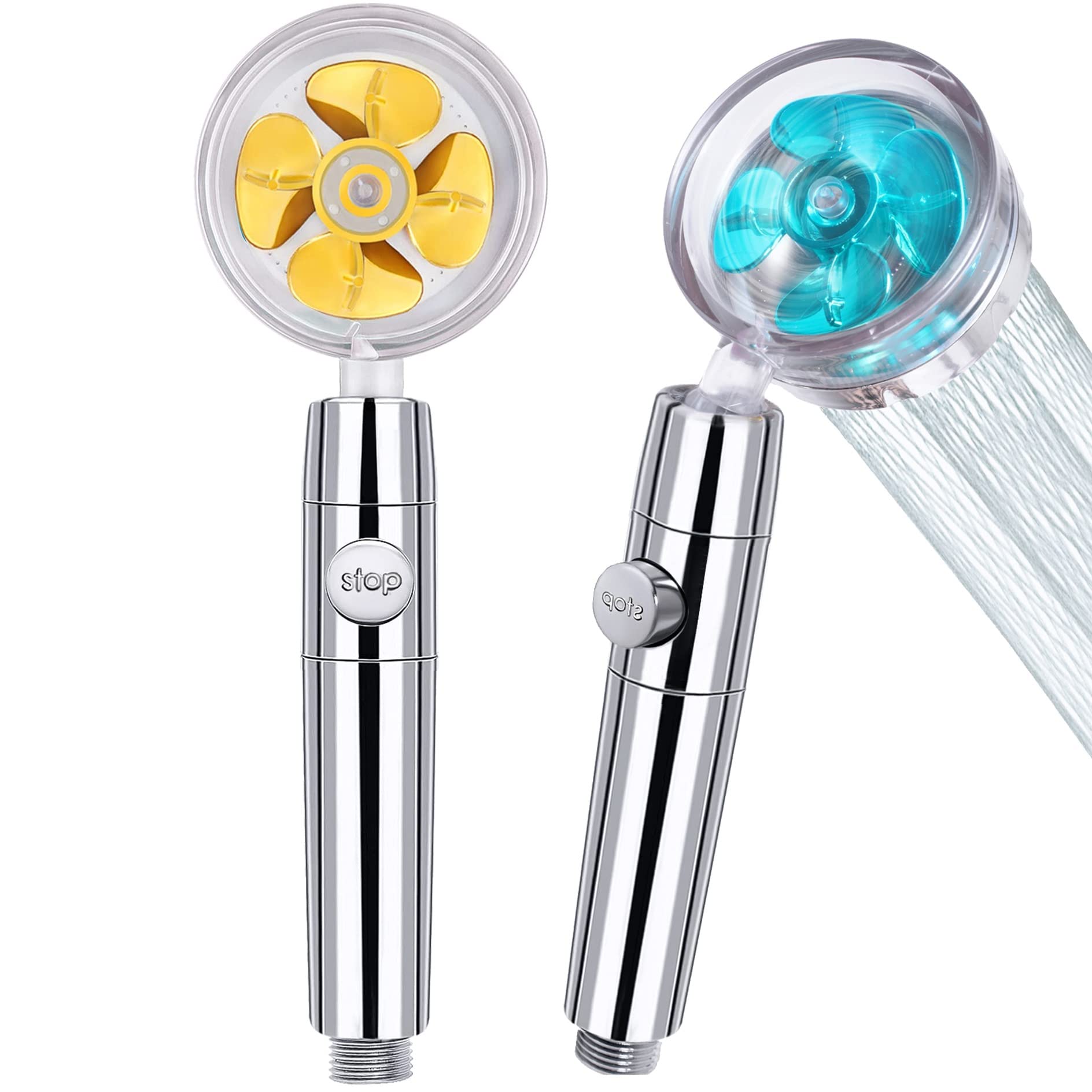Wangcl Blue/Gold 2Pcs High Pressure Shower Heads Handheld Shower With Filter Turbocharged Propeller Shower One Key Pause Switch 360 Degrees Rotating And