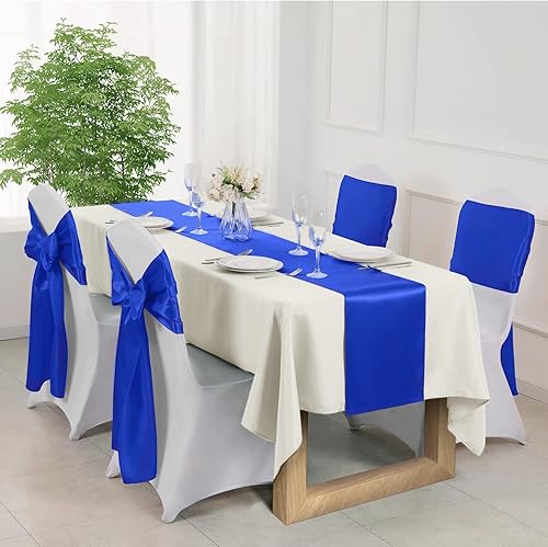 Miniatura 5 de Manyshofu - Juego de 4 caminos de mesa de satén azul real de 12 x 108 pulgadas de largo, camino de mesa para fiesta, decoración brillante y suave,