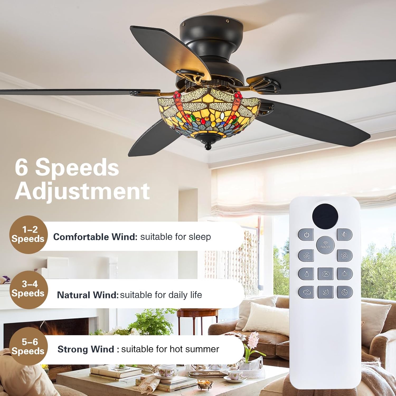 Tiffany Ceiling Fans with Lights - 48" Ceiling Fan Chandelier with 5 Dual-Blades and Glass Shade, 6 Speeds and Reversible, Indoor and Outdoor, Retro Style