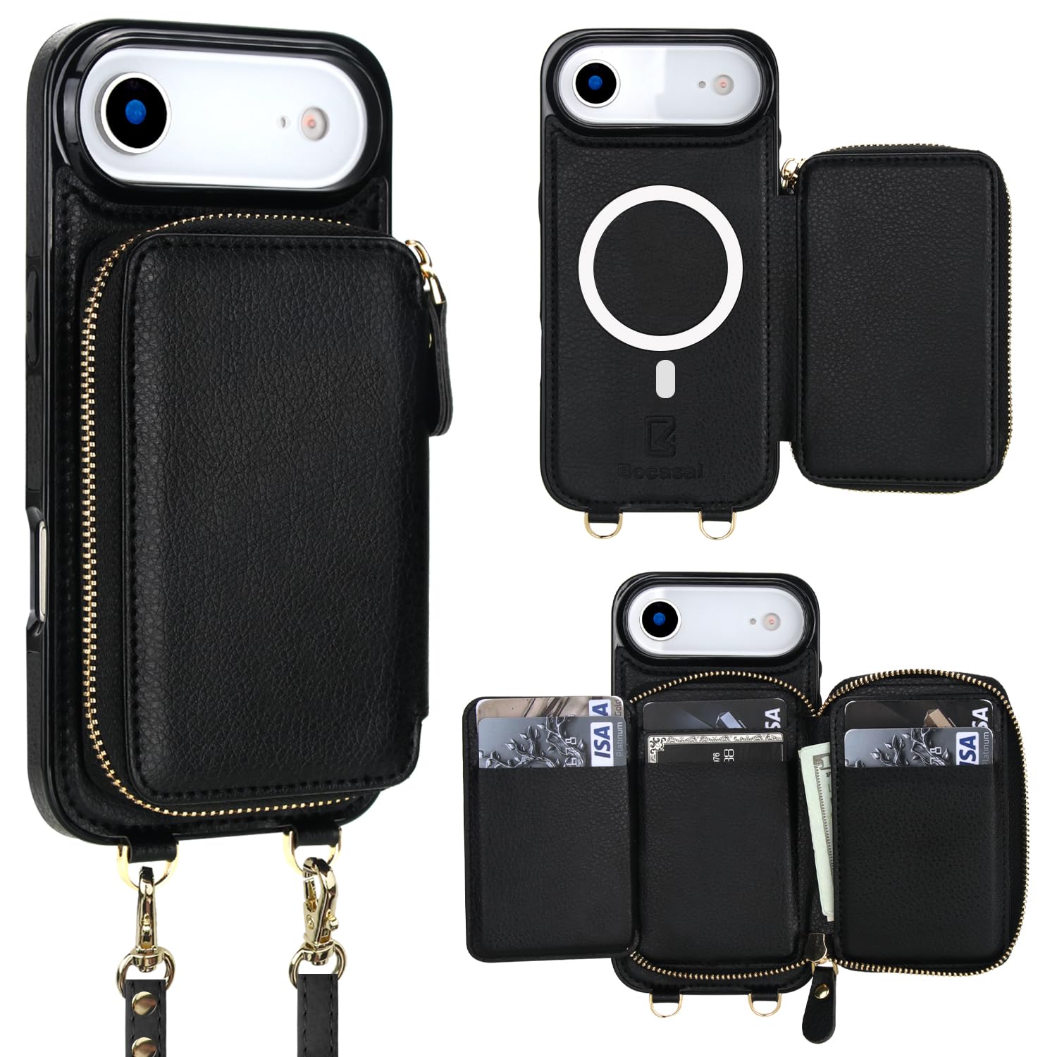 bocasal for magsafe crossbody wallet case compatible with iphone 17 air, rfid blocking protective purse case with card slots holder kickstand wrist strap lanyard zipper 6.5 inch 5g (black)