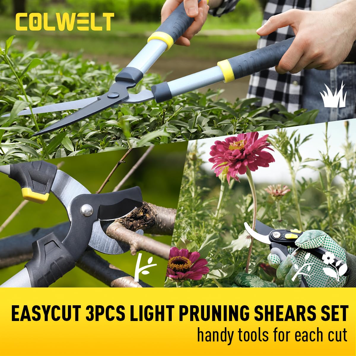 Colwelt Gartenscheren-Set, 3-teilig: Leichtes, kompaktes Gartenscheren-Set mit 42 cm langem Bypass-Astschneider, Heckenschere und Gartenschere. Pflege-Set für Bäume und Sträucher mit Softgriff.