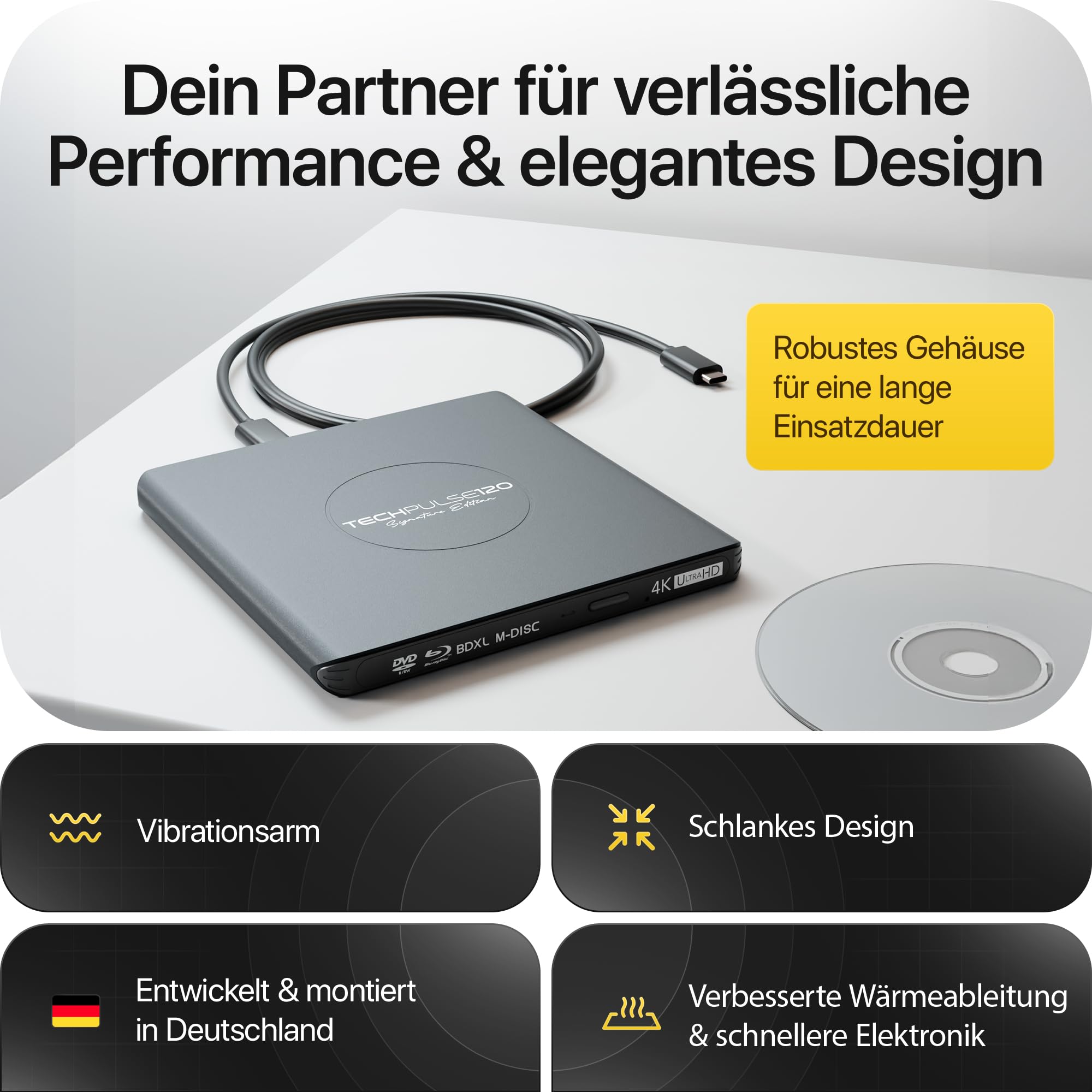 techPulse120 Externes USB 3.1 USB-C UHD 4k 3D M-DISC Blu-ray DVD CD HDR10 128GB Laufwerk Brenner Burner Signature Paket Tasche 90cm Anschlusskabel Aluminium (Grau)