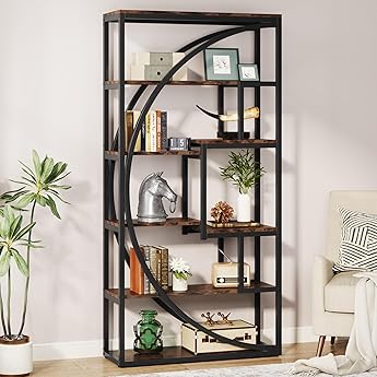 DWVO Industrial Tree Bookshelf, Large 5 Tier Bookcase Tall Standing Book Shelves Organizer Display Rack for Living Room Home Office, Rustic Brown