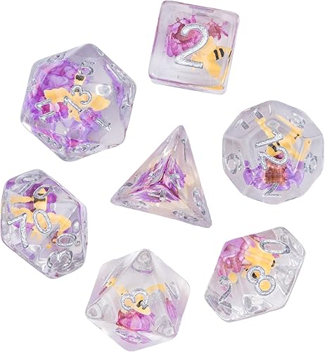 Miniatura 9 de Cusdie 7 dados DND, juego de dados poliédricos rellenos de animales, para juegos de rol D&D (flor púrpura abeja)