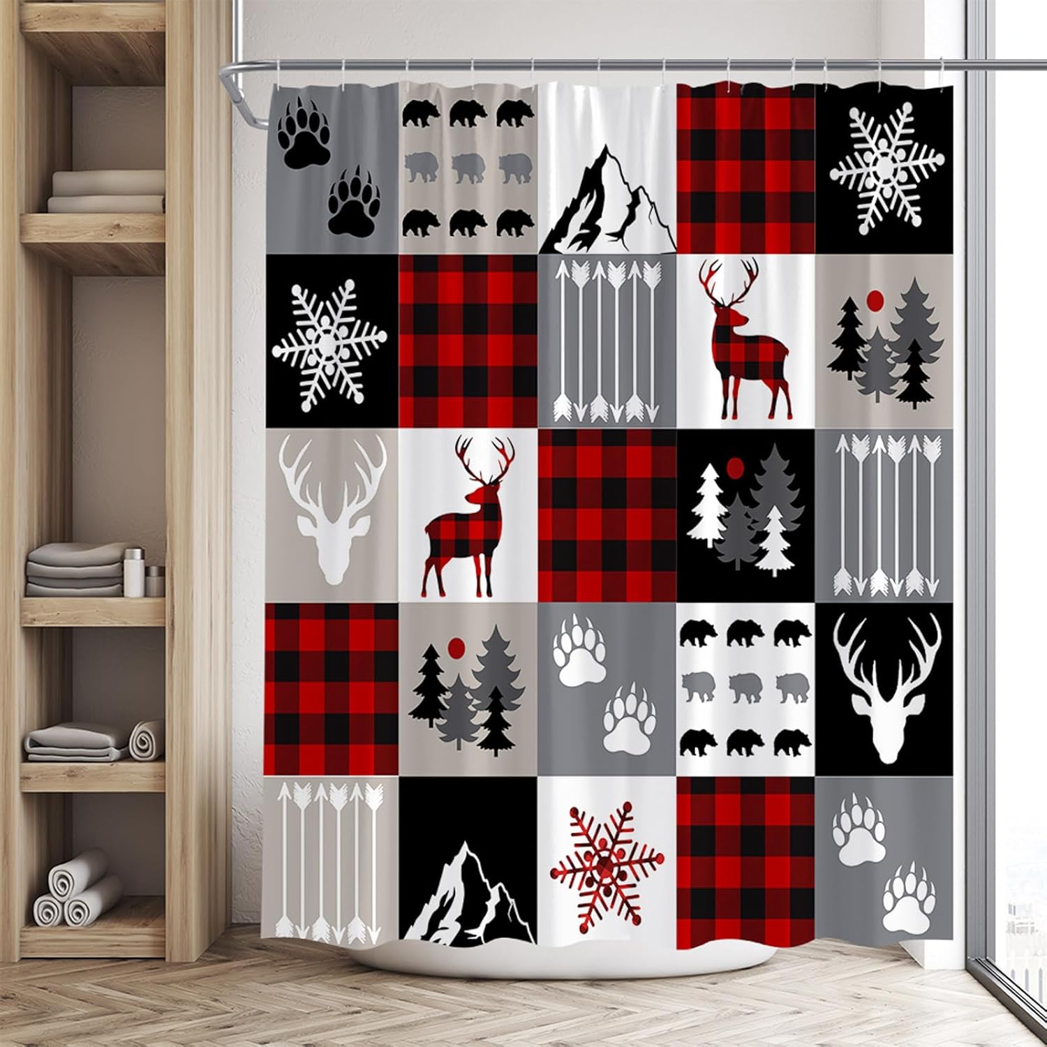 Merry Christmas Shower Curtain Red Black Buffalo Check Plaid Bear Elk Snowflake Xmas Tree Winter Holiday Rustic Farmhouse Cabin Camping Bathroom Decor Set Fabric with Hook 108Wx70H Inch