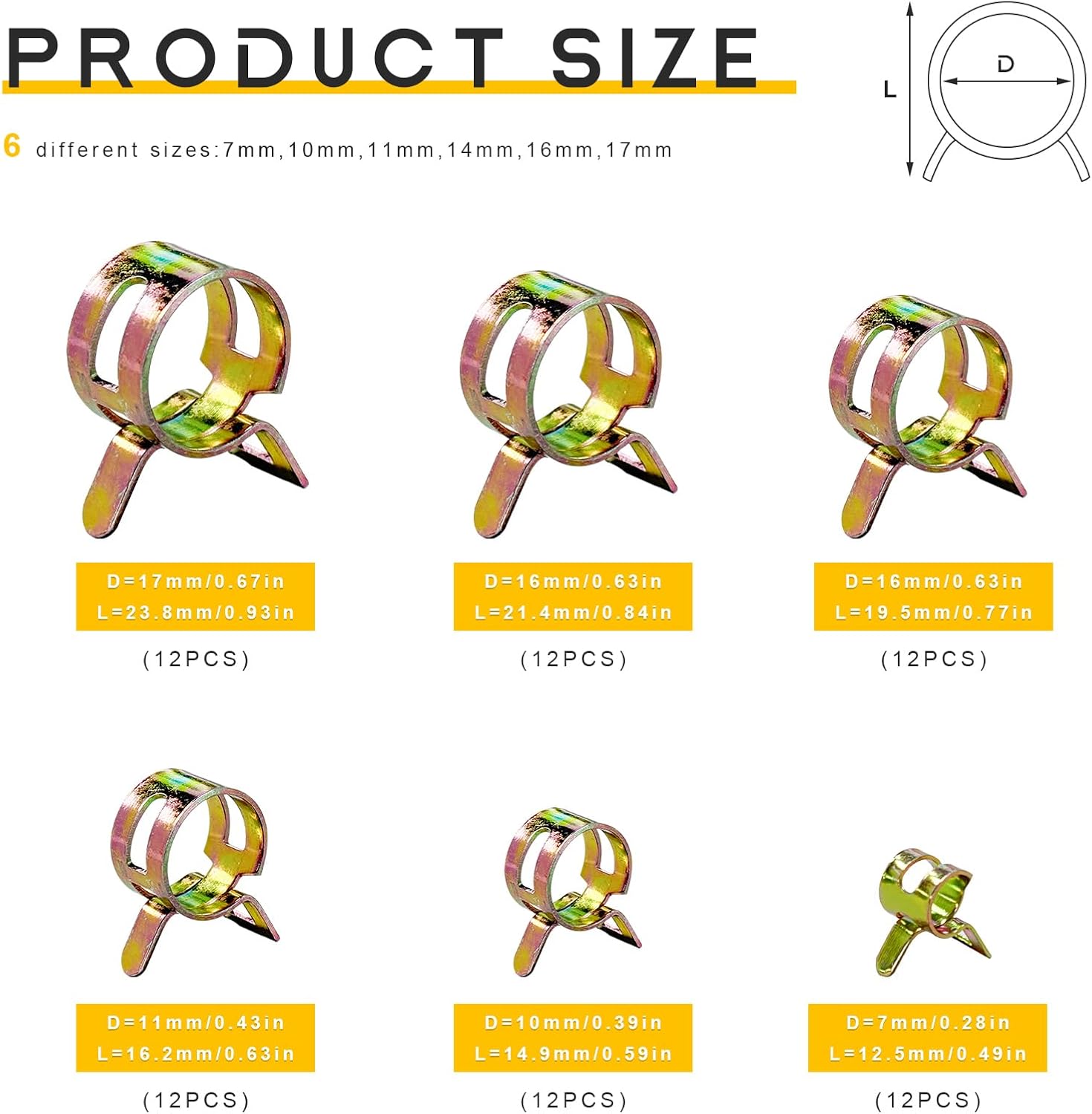 72PCS Spring Hose Clamps, 7-17mm Spring Band Type Action Hose Clamp Auto Fastener Assortment Kit, 6 Sizes Low Pressure Air Clip for Fastening Fuel Line Vacuum Pipe Silicone Tubing