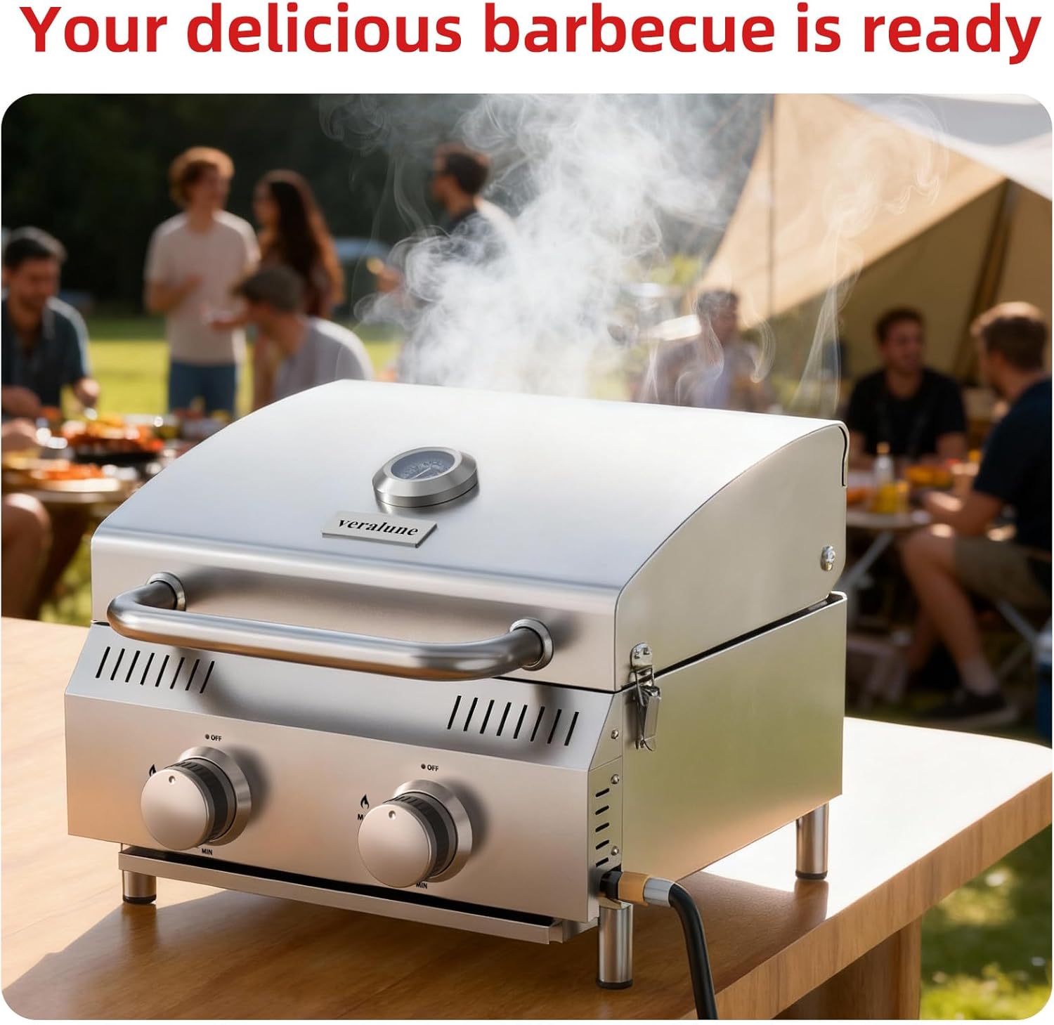Veralune Tabletop Gas Grill, Portable Gas Grill, Tabletop Portable Gas Grill, Safety Lock, Built-in Thermometer, Stainless Steel Grating, Anti-Rust