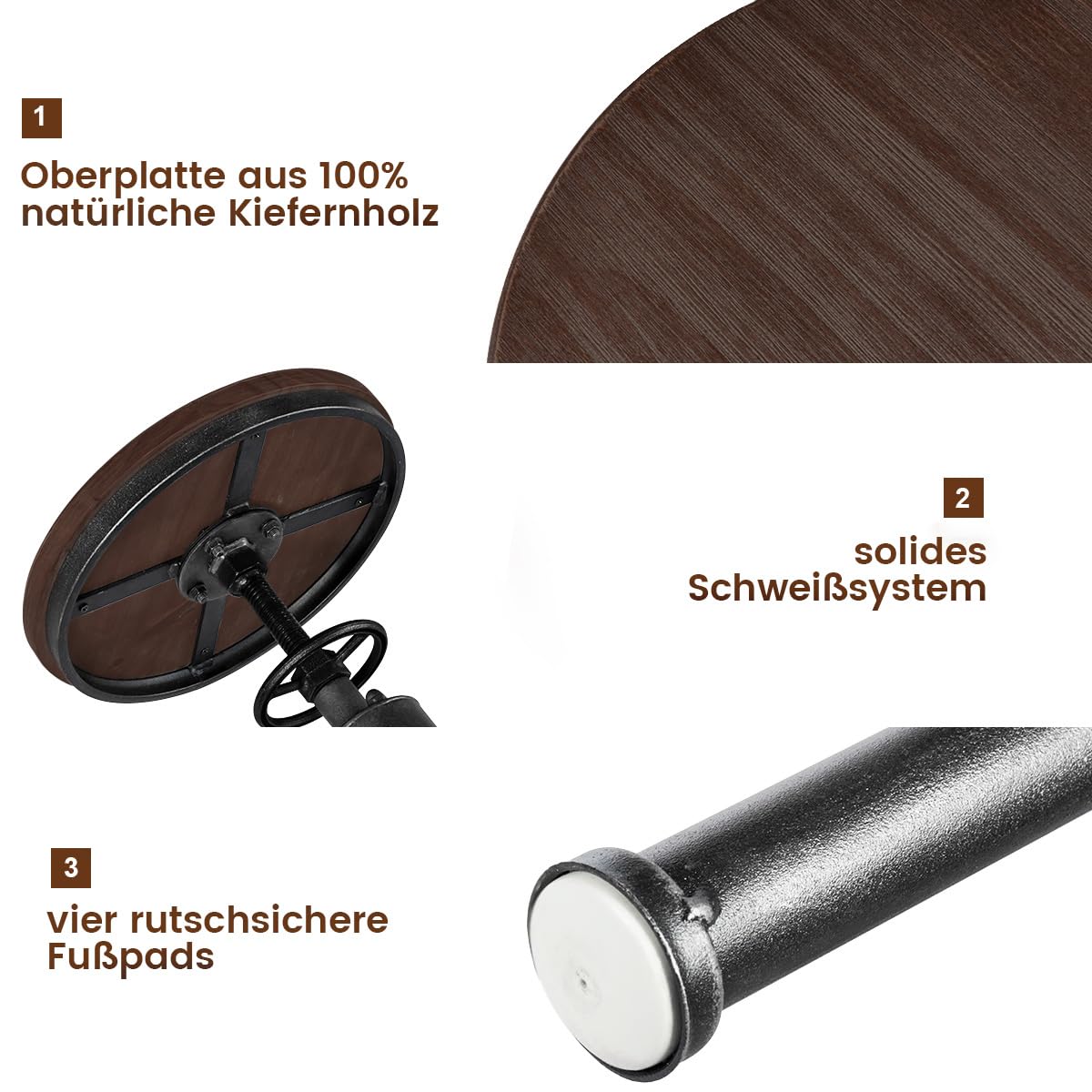 COSTWAY Barhocker höhenverstellbar, 59,5-75 cm, Barstuhl aus Holz und Metall, Tresenhocker mit Fußstütze, Kiefer Platte, Vintage Bistrohocker, Industrie-Hocker Küchenhocker für Restaurants, Cafés