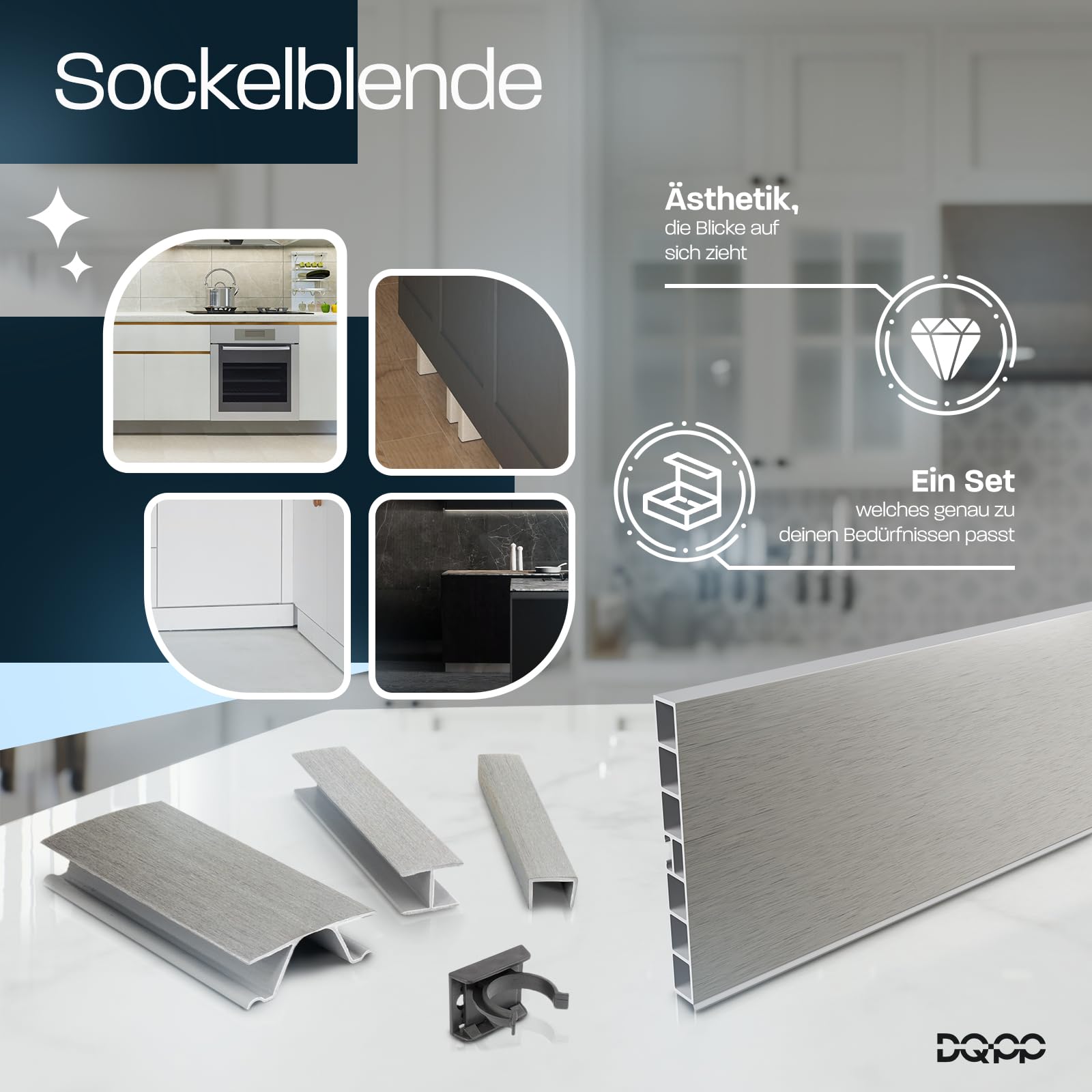 DQ-PP Sockelleiste 4,5m – Sockelblende – 150mm – Schwarz Hochglanz – Kunststoff – Sockel – Sockelprofil – Küchensockel – Kuechensockelleiste für Einbaukueche