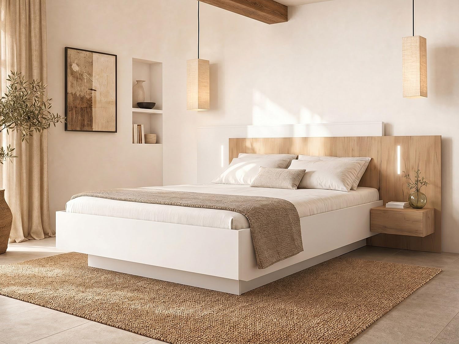 Vente-unique - Lit avec chevets 160 x 200 cm - 2 tiroirs - avec LEDs - Coloris : Blanc et Naturel - FRANCOLI