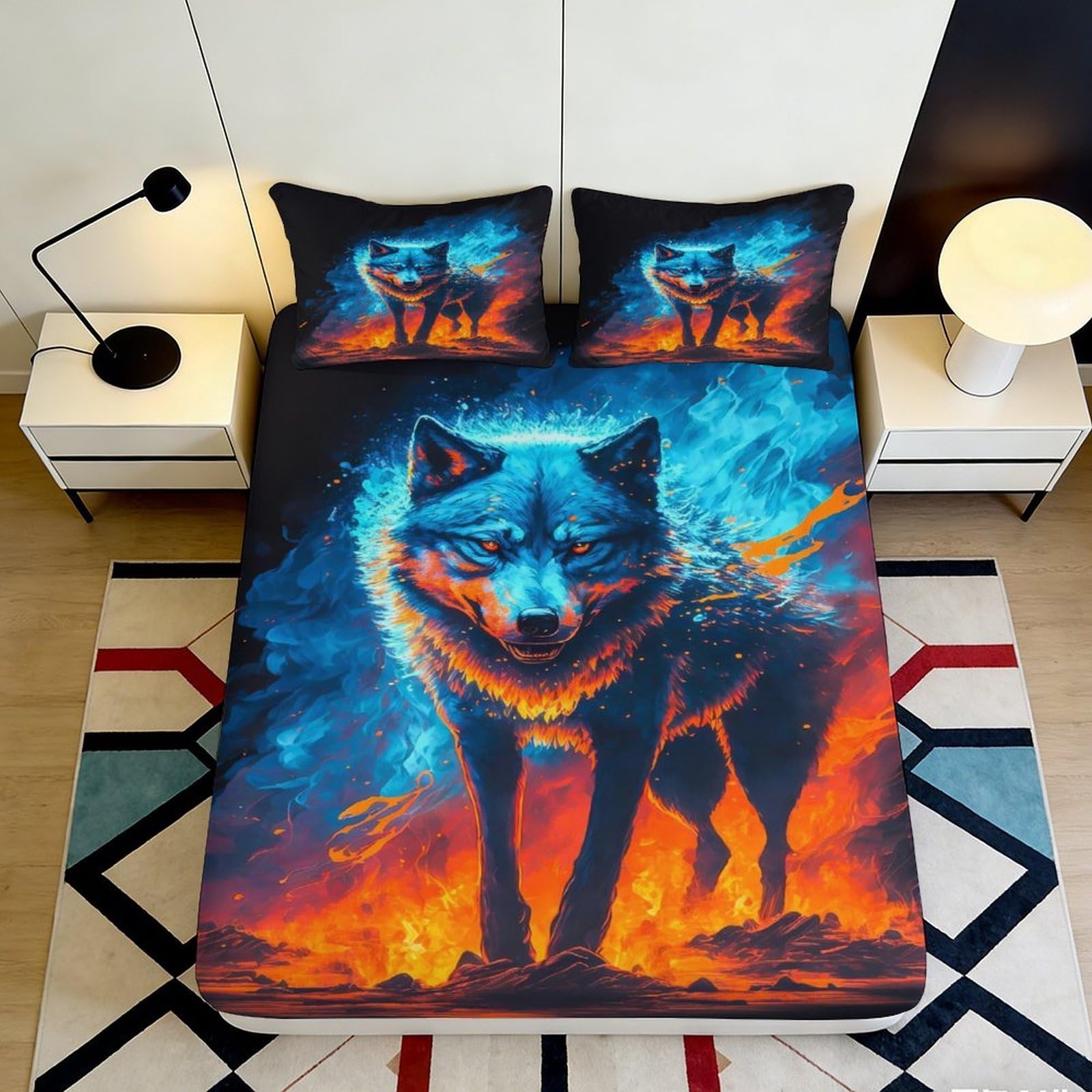 3D Printed Fiery Blue Wolf Fitted Sheet Microfiber Soft Breathable Flaming Animal Bed Cover for Bedroom Dormitory Guest Room Mattress Protection 140x200x25cm