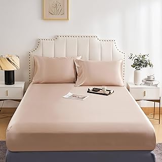 DuShow Satin Fitted Sheet Double Taupe,Silky Deep Pocket(35cm) Satin Bed Sheets,Breathable Soft Comfortable Satin Sheets Double,Fitted Sheet Only(Taupe,Double)