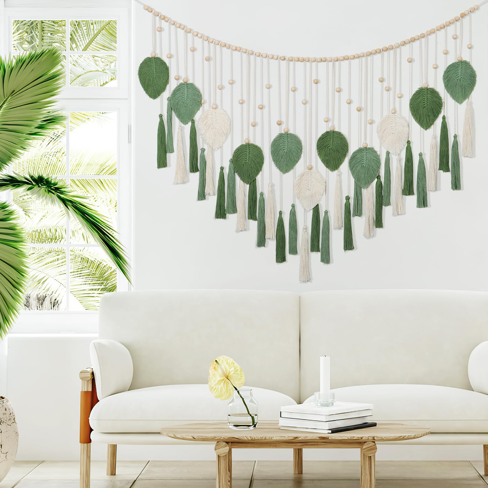 Arazzo Da Parete Bohémien MSFENG Con Foglie E Nappe - Fatto A Mano In Cotone, 90x40 Cm Con Aste In Legno