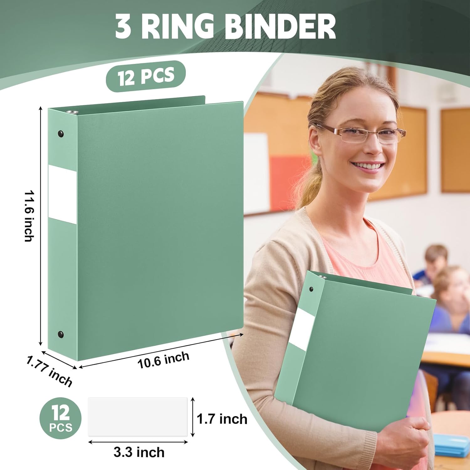Henoyso 12 Pcs Sage Green 1.5 Inch 3 Ring Binder Bulk, Fits Letter Size 8.5'' x 11'' Paper, Holds 350 Sheets, 2 Pockets Plastic Binders Pack for School Office Home Organization, Press-to-Open Ring