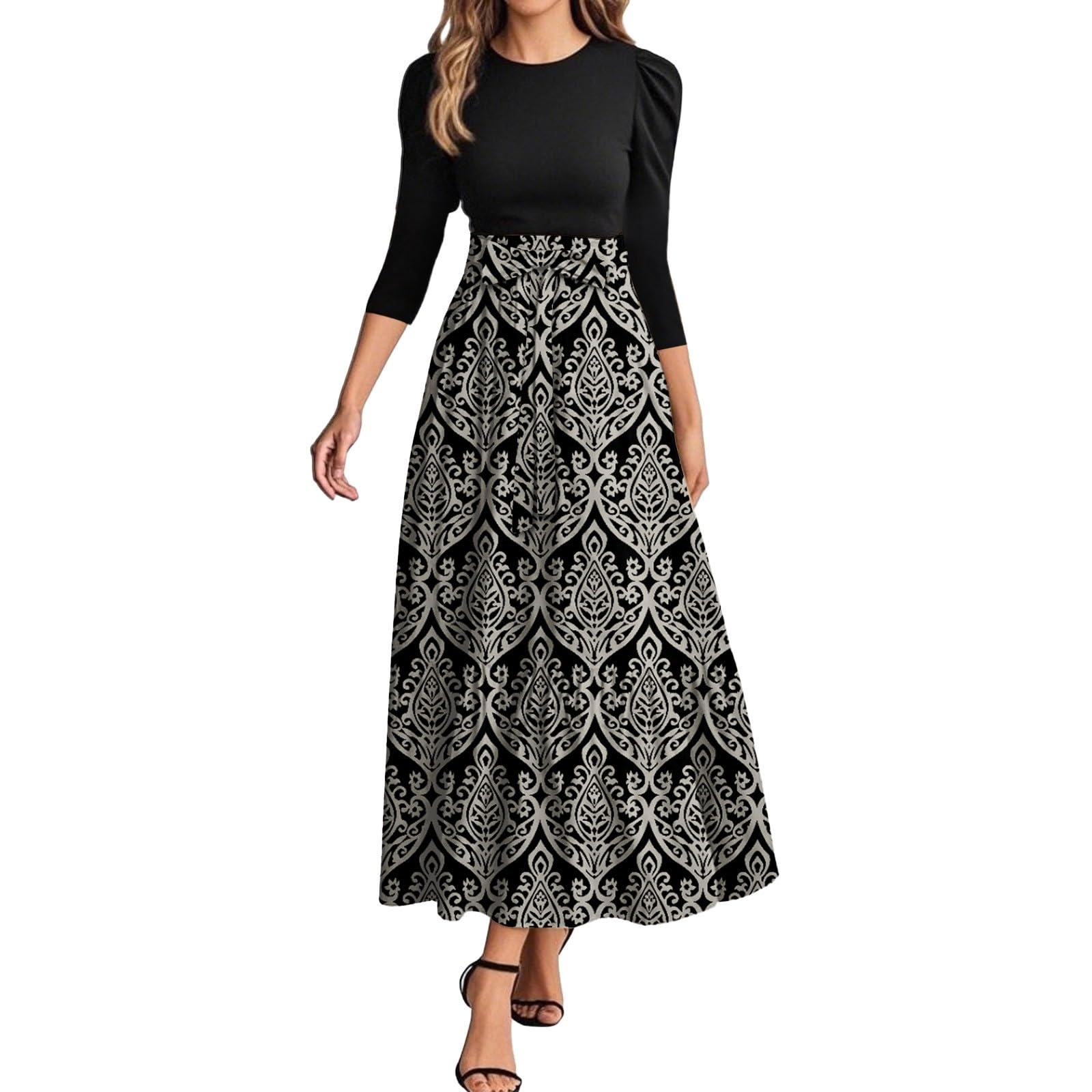 Fall Dresses for Women 2025 3 4 Sleeve Casual Flowy Floral Maxi Dress Elegant Empire Waist Beach Dresses