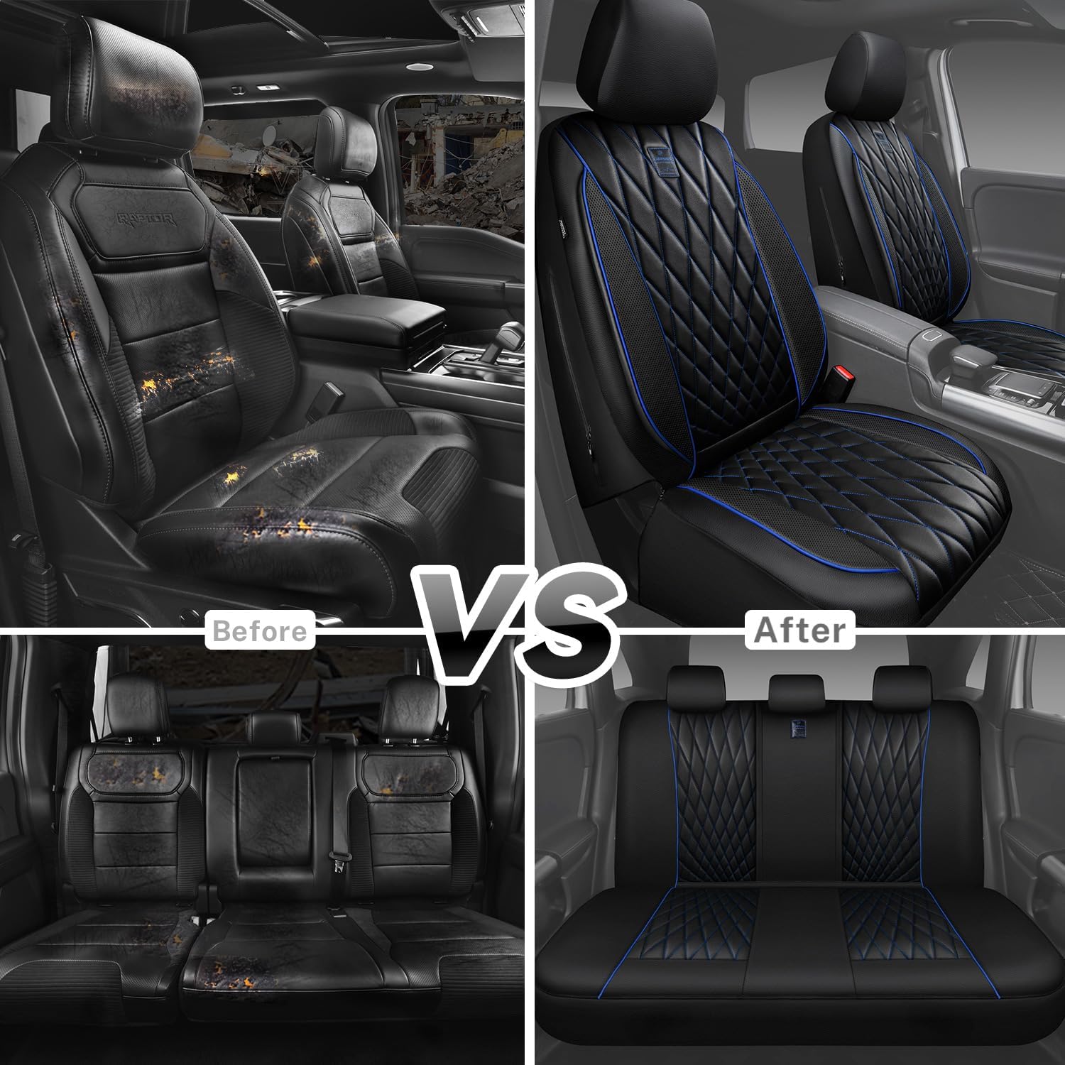 CAR PASS Piping Luxury Leather Seat Covers Full Set,5 Seats Anti-Slip Waterproof Seat Covers Compatible with Front Armrests,Universal Fit for Sendan SUV Van Truck,Airbag Compatible,Black and Blue - Image 6