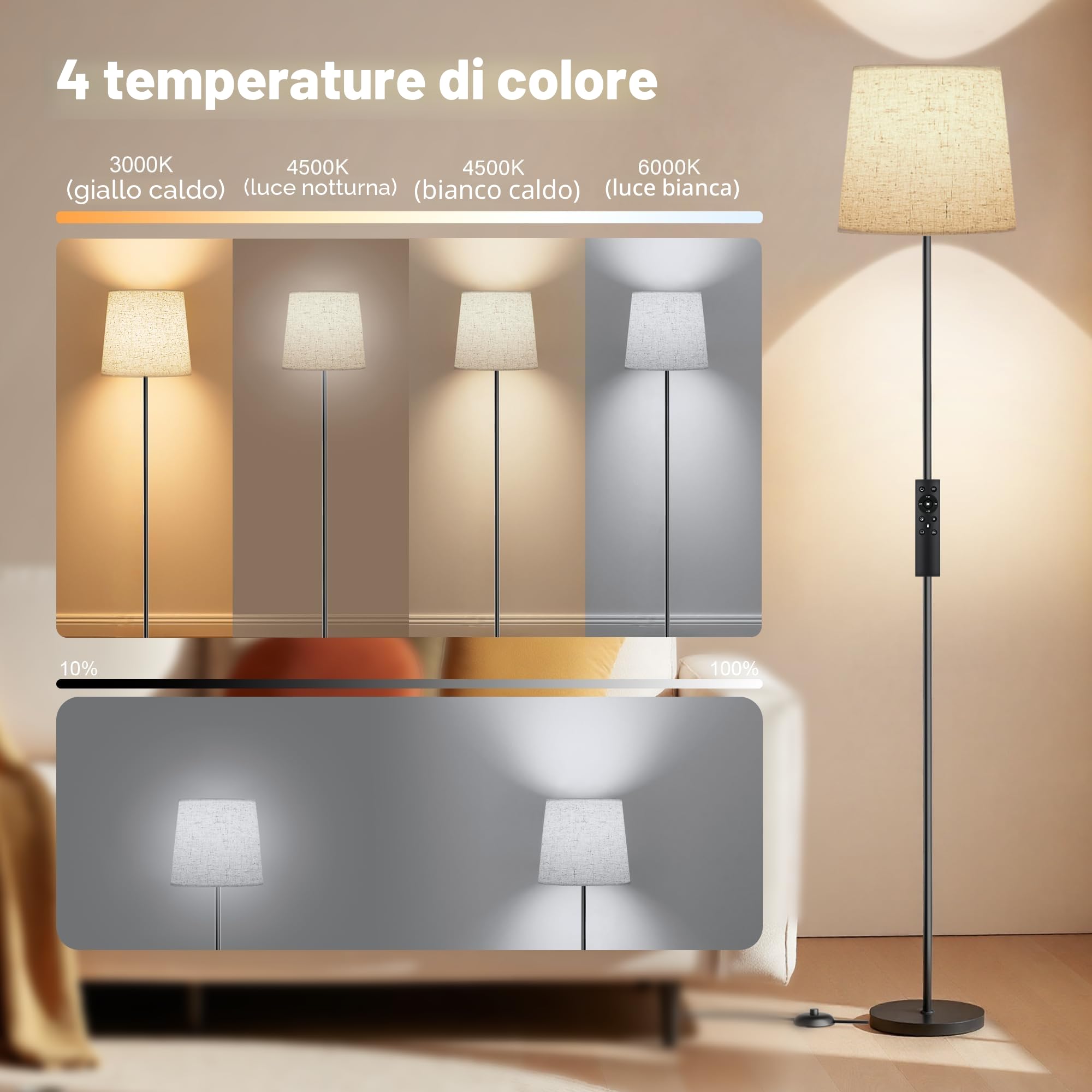 SIBRILLE Lampada da Terra Salotto, 9W con Telecomando e Interruttore a Pedale, 3000K-6000K Lampada da Lettura LED con E27 Lampadina, Lampade da Terra per Camera da Letto e Ufficio, Paralume in Lino