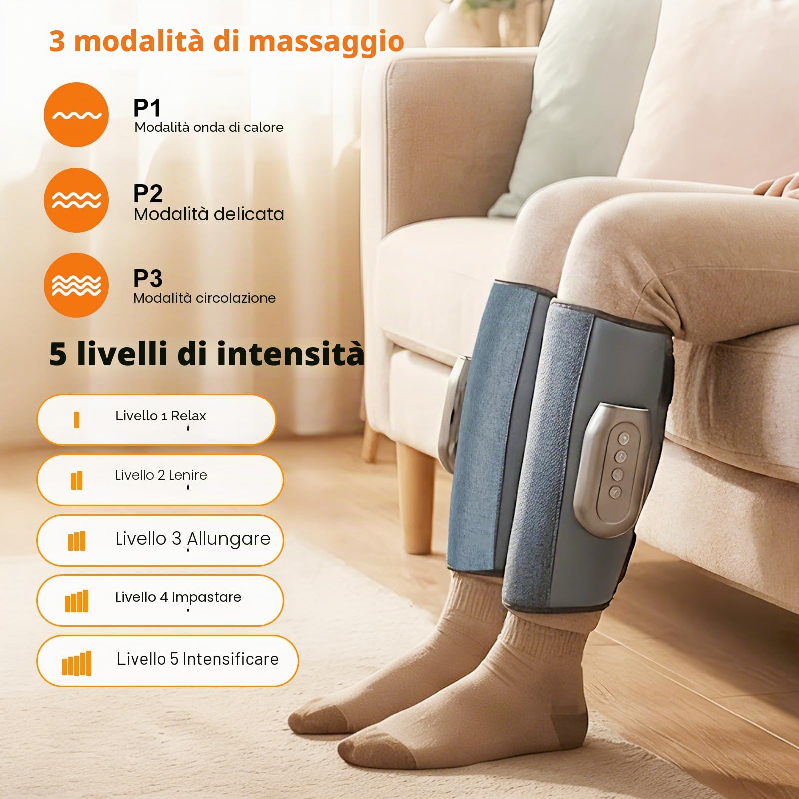 Massaggiatore per polpacci senza fili con 3 livelli di riscaldamento, 2 confezioni di massaggiatori per gambe a compressione d'aria, 3 modalità, 5 livelli di intensità, massaggiatore portatile per