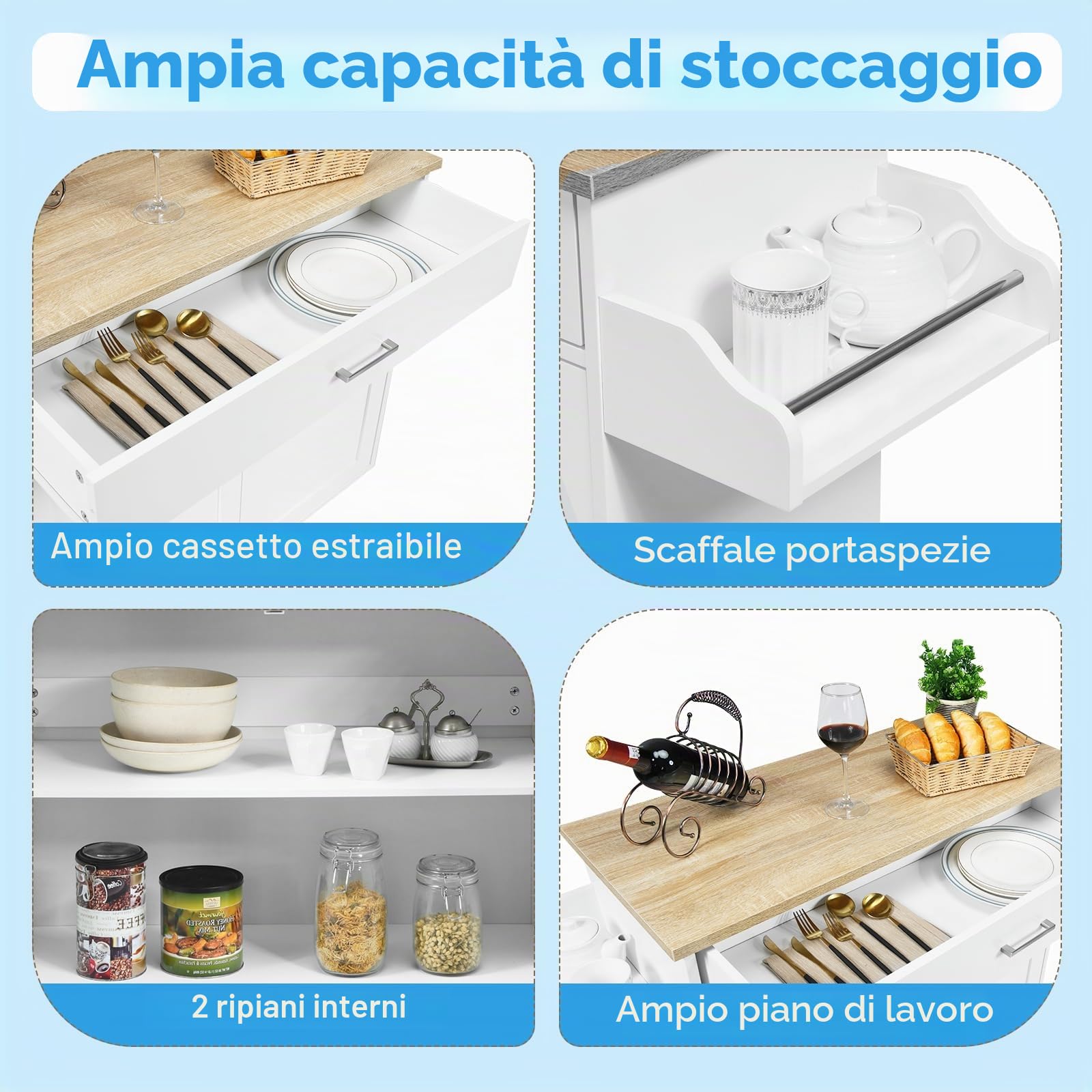 KOMFOTTEU Carrello da Cucina Ausiliario, Carrello di Servizio con Cassetto e Ripiano Regolabile, Isola da Cucina da Sala da Pranzo con Ruote Universali con Freni, in Legno, 116 x 40 x 85 cm, Bianco