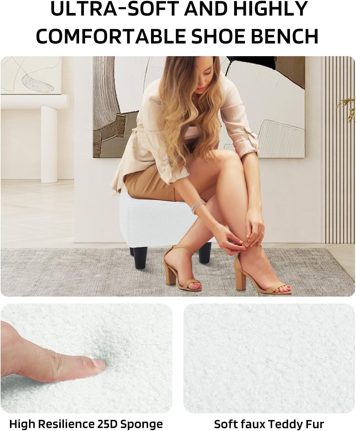 Foot Stool Ottoman, Small Sofa Foot Rest with Plastic Legs, Rectangle Shoe Bench for Adult, Faux Teddy Fur,Cream White UASND52W - Image 4