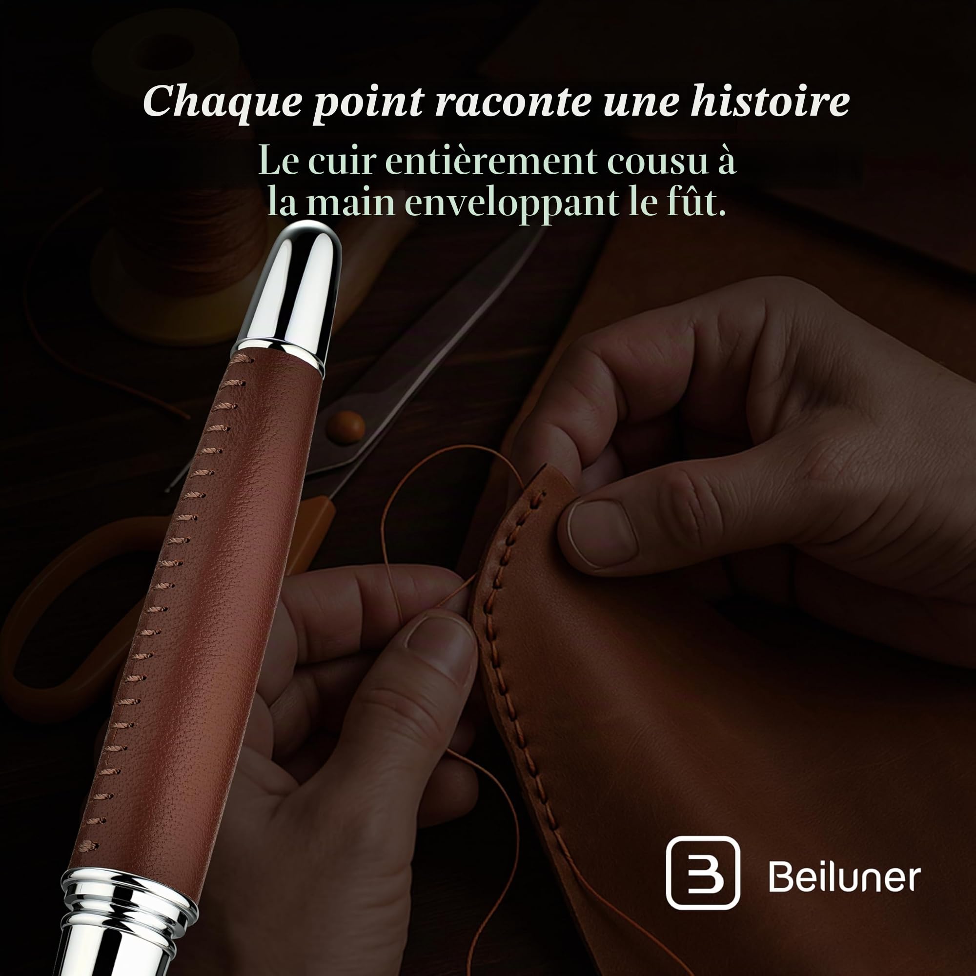 BEILUNER Stylo Cuir de Luxe 318, Cuir Premium Cousu Main, Finition Chromée, Recharge Schmidt, Meilleur Cadeau Rollerball Rechargeable pour Homme & Femme, Idéal pour l'Écriture Exécutive