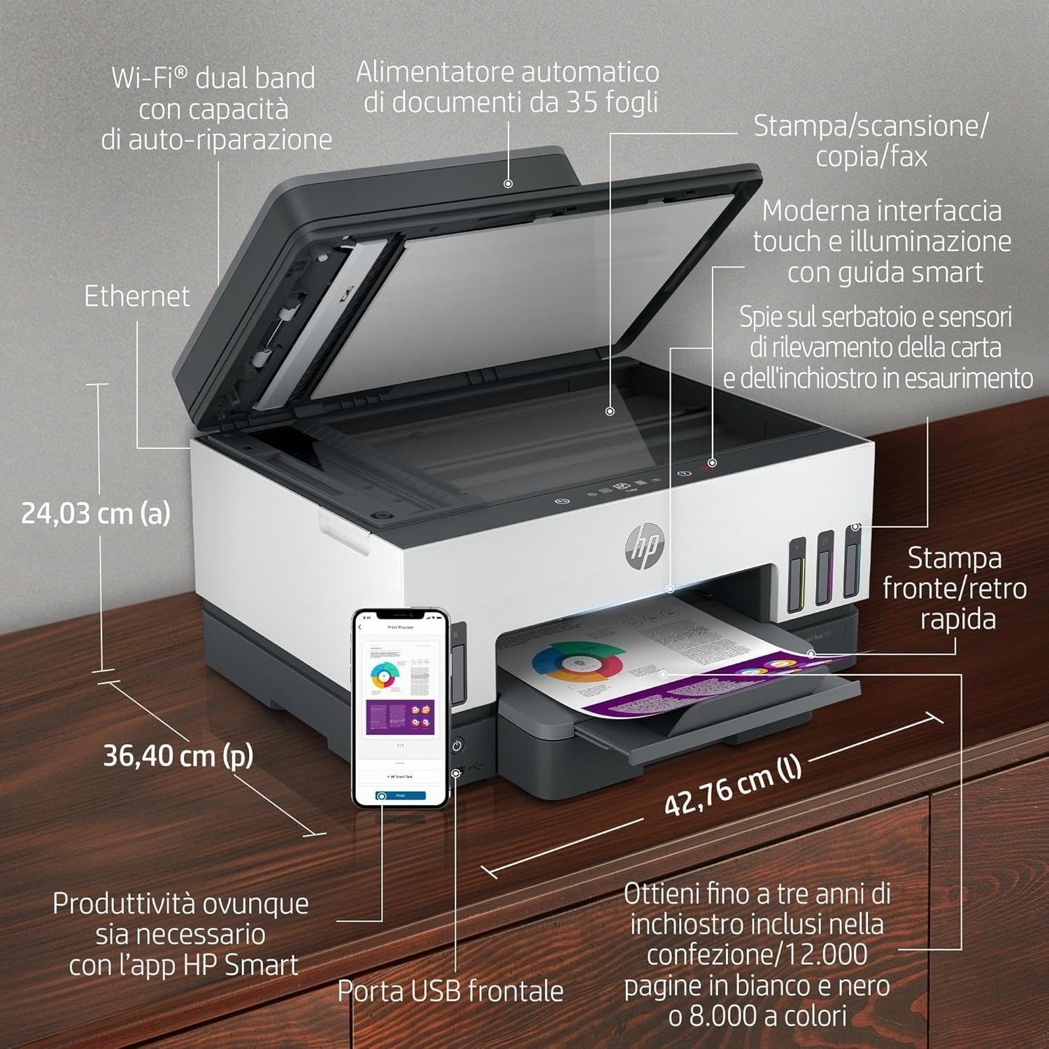 HP Smart Tank 7605 Stampante Multifunzione a Colori, Serbatoio d'Inchiostro, Fino a 12000 Pagine Nero, 8000 Pagine Colore, F/R Automatica, Wi-Fi, Grigia