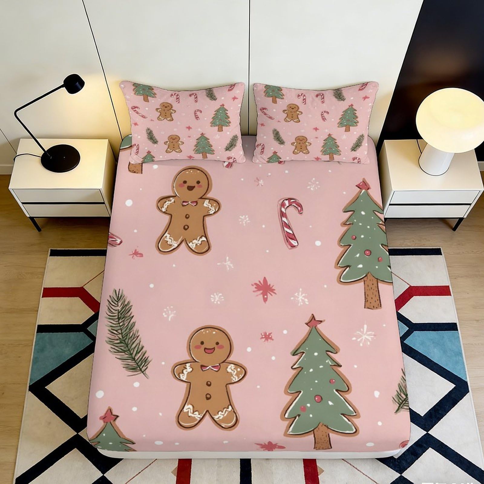 3D Printed Christmas Gingerbread Fitted Sheet Microfiber Soft Breathable Candy Cane Bed Cover for Bedroom Dormitory Guest Room Mattress Protection 160x200x25cm