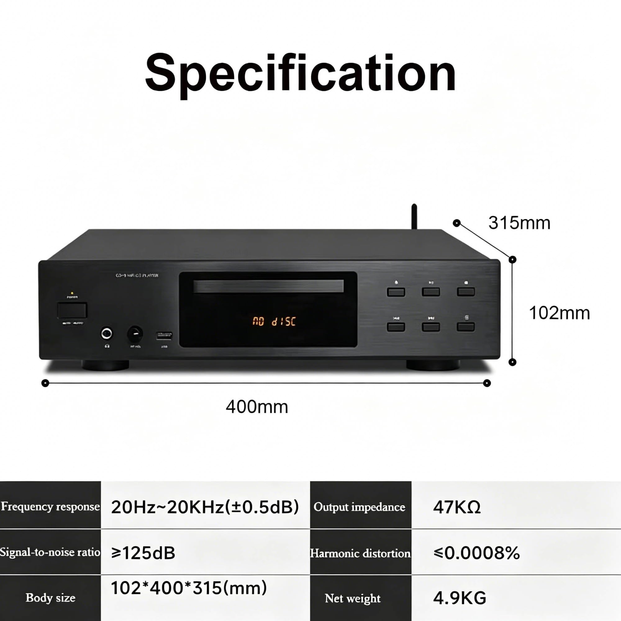 Lecteur CD Hi-FI avec récepteur Bluetooth 5.3, Lecture USB 3.0 Prend en Charge MP3/WMA/FLAC/APE, Sorties numériques optiques et coaxiales Sortie stéréo RCA, SNR≥125 DB, télécommande