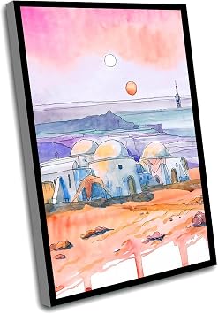 Windrain Tatooine Starwars Art Print, Black Office Decor, Modern Watercolor Fine Art Print, 12x8 Inch Framed Wall Art for Living Room, Bedroom, Office, Shop