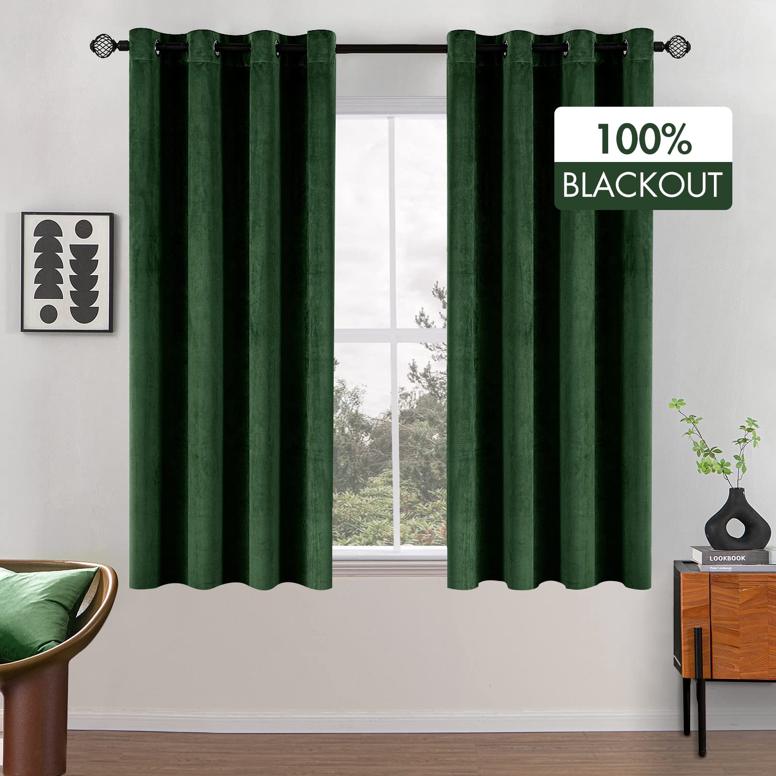 MIULEE Velvet Curtains 100% Blackout Thermal Insulated drop Curtain Pair Eyelet Room Darkening Drapes for Living Room Kids Bedroom Nursery 46" W x 54" L 117x137 CM 2 Panels Dark Green