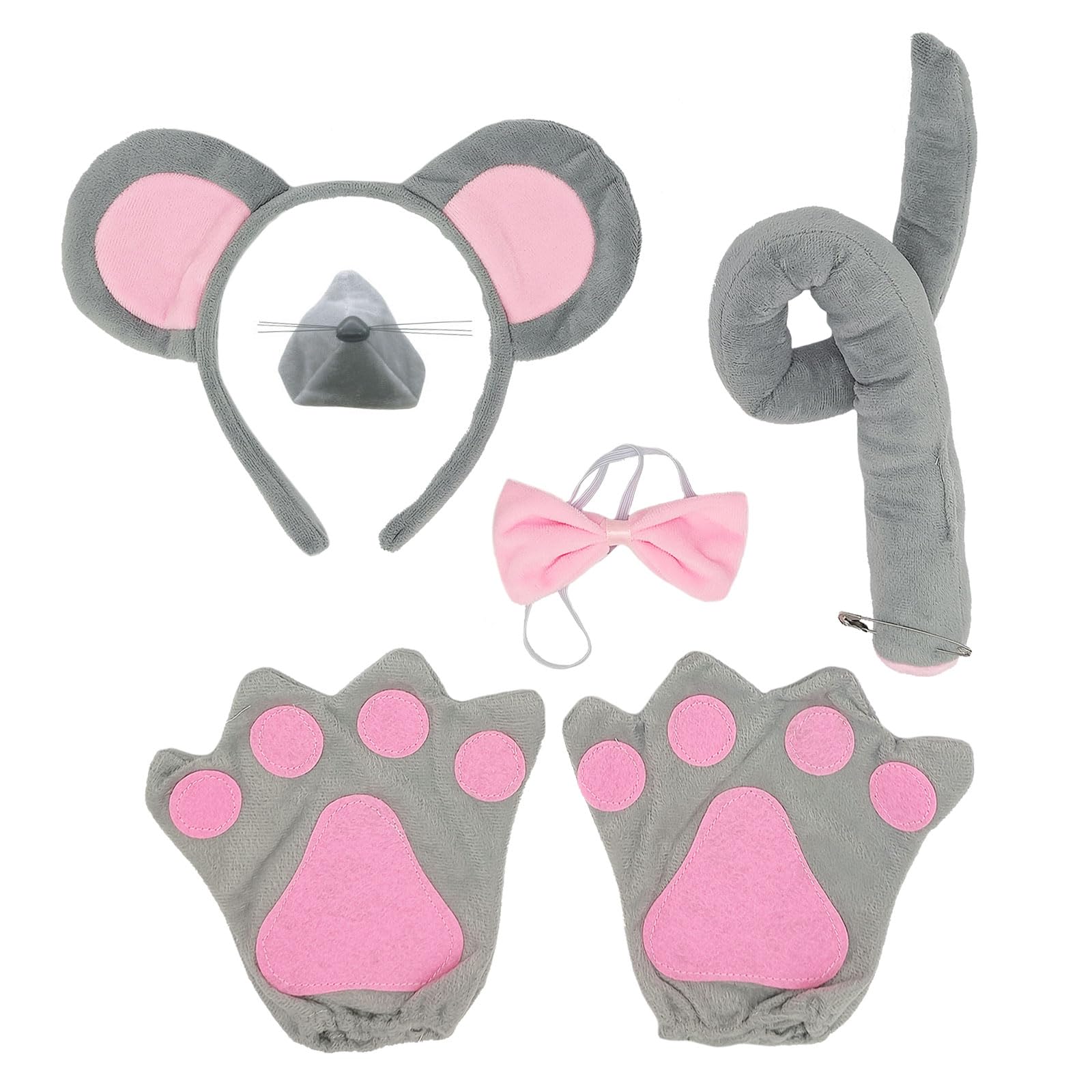 5 Piece Mouse Costume Set - Nose, Tail Gloves, Pink Bow Tie, Ears Headband - Adult & Kids Cosplay, Children's Day, Birthday, Halloween