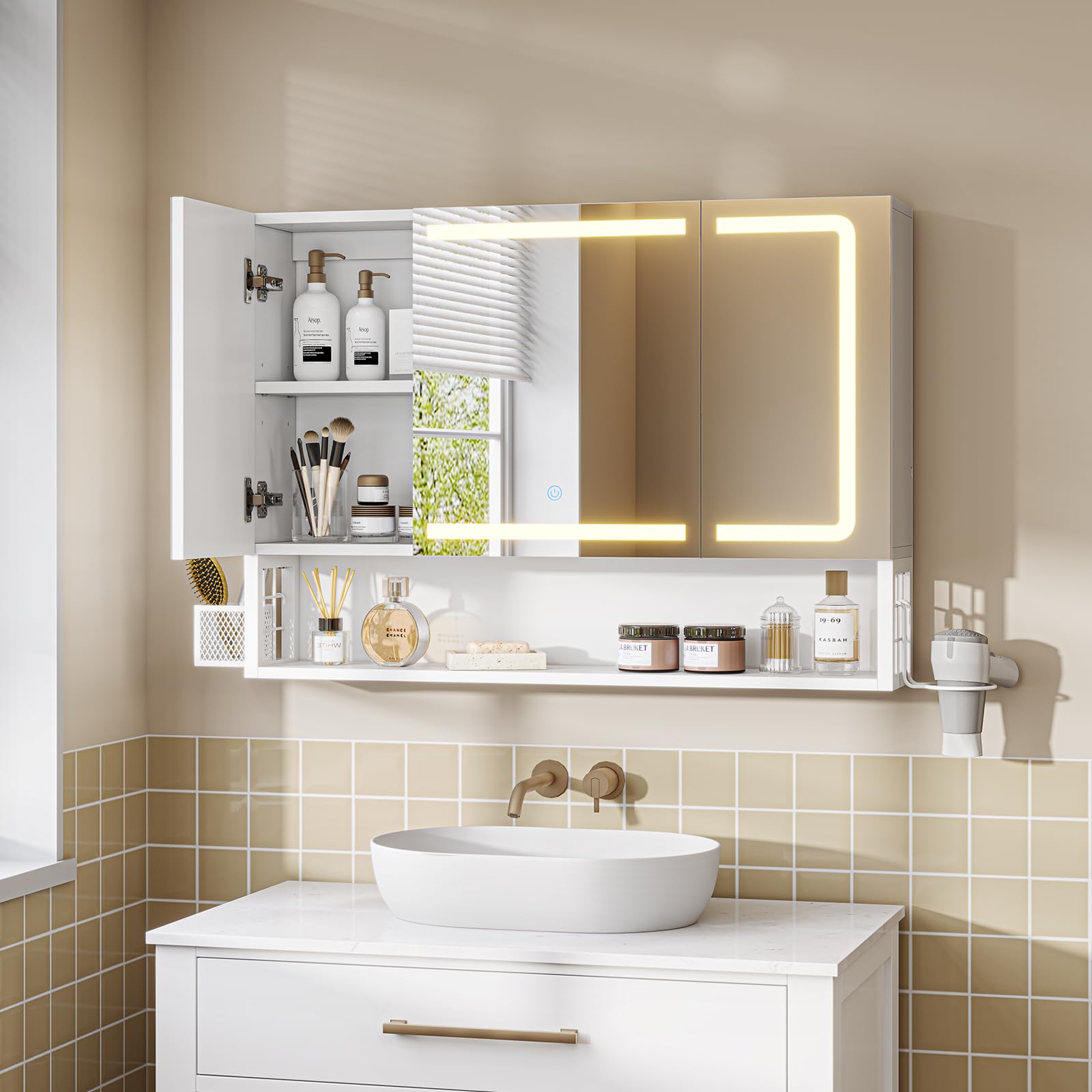 Armario Espejo Baño 80x16x60, Espejo de Baño con Luz Led y Estación de Carga, Mueble Baño con Cesta de Almacenamiento y Estante Interior Ajustable, Tres Temperaturas de Color, Control táctil