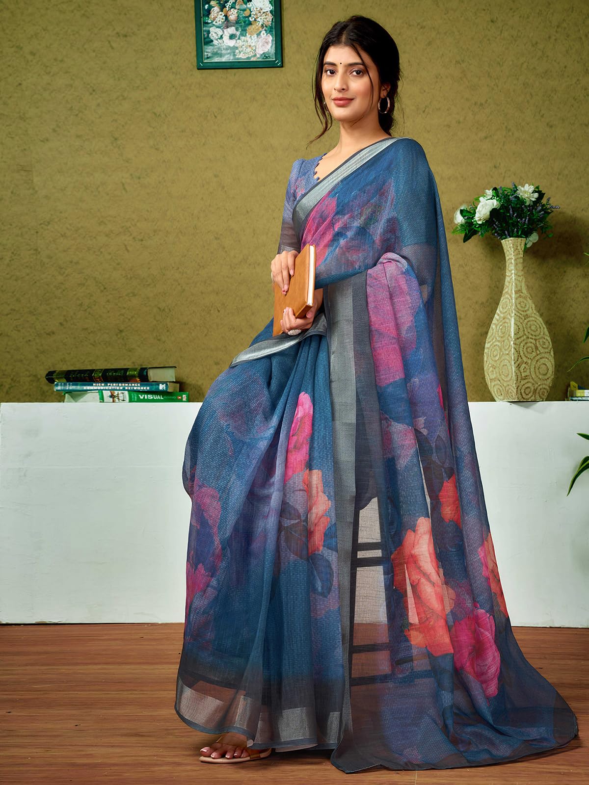 Satrani Women's Linen Printed & Zari Border Ready To Wear One Minute Pre Pleated Readymade Saree With Unstitched Blouse Piece (35Rs335N_Dark Blue & Multi)