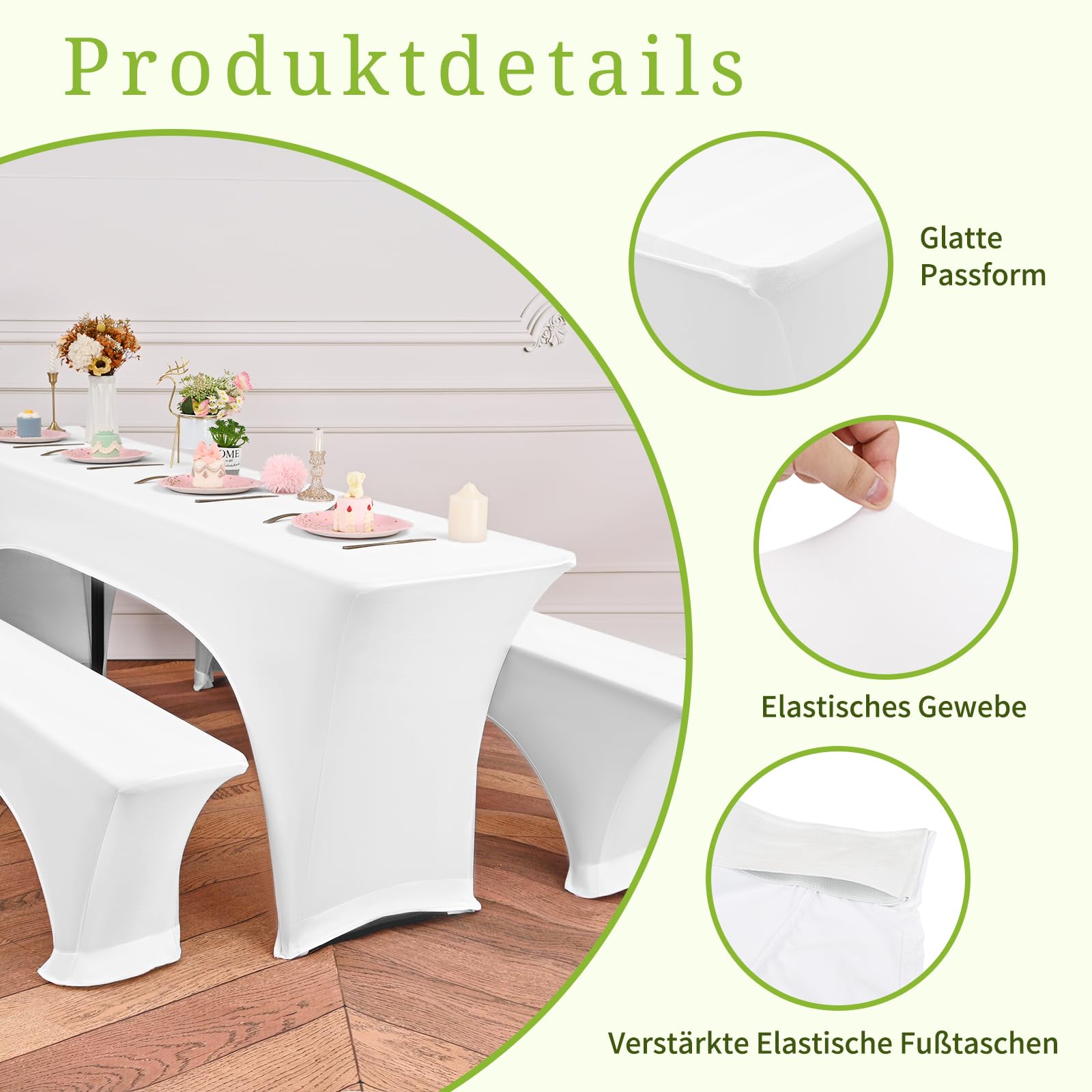 Zwei 3er-Sets Biertischhusse, weiße Stretch Biertisch und Bankgarnitur hussen 220 x 50 x 80 cm, Elastische Biertischhussen für 50 cm Tischbreite, Bierzeltgarnitur für Bankett Gartenmöbel