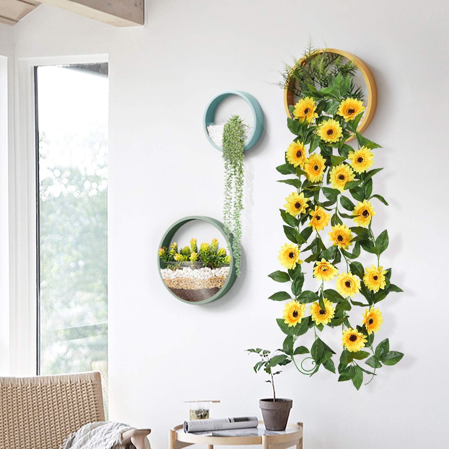 2 Pack Artificial Sunflower Garland Silk Sunflower Vine Artificial Flowers with Green Leaves Wedding Table Decor