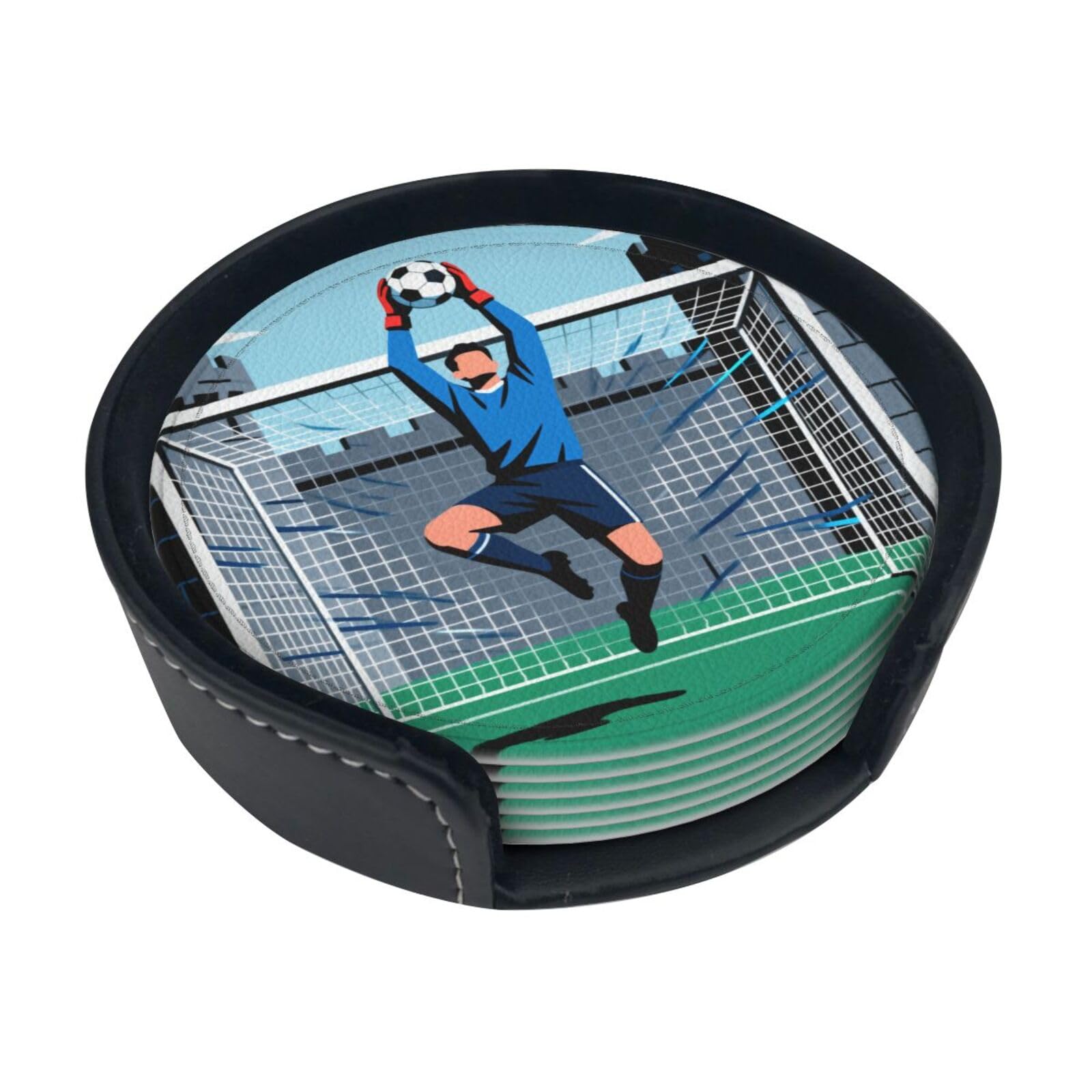 Cntdbu White Goalie Jump Catch Leather Coasters Set Of 6-Pu Leather Drink Mats For Table, Heat Resistant Round Coasters With Holder