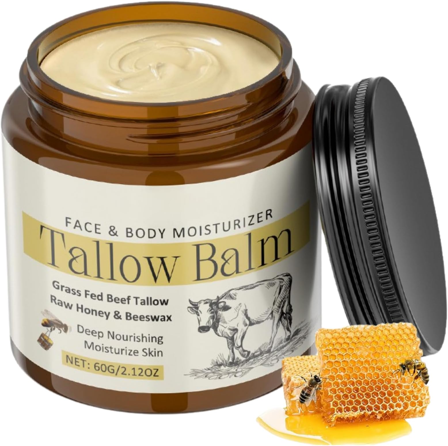 Beef Tallow for Skin, Beef Tallow Moisturiser for Face & Body, Beef Tallow Face Cream with Raw Honey & Beeswax, Tallow and Honey Balm, Beef Tallow Skin Care with Grass Fed Beef Tallow, 60g
