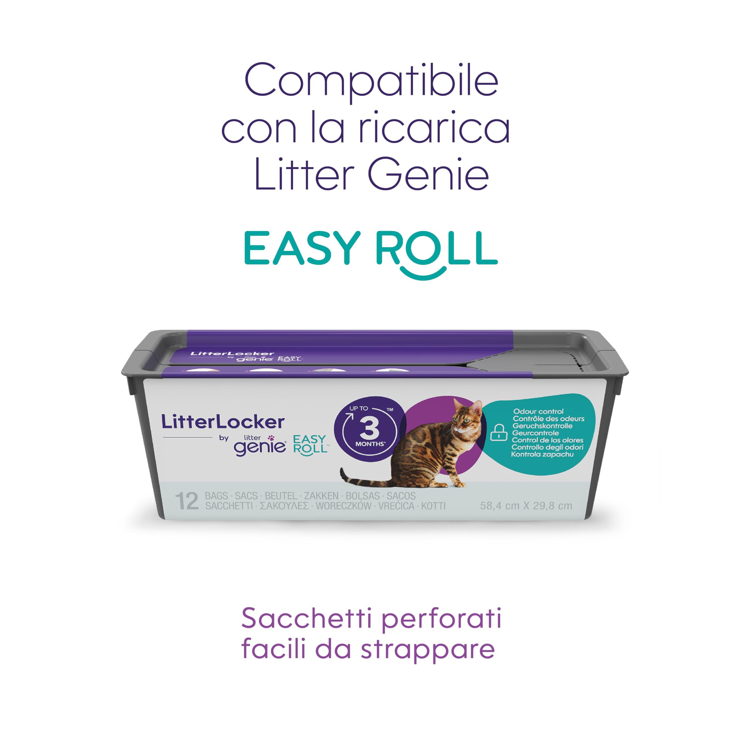 Litter Genie Easy Roll Secchio, sistema di smaltimento della lettiera per gatti, controllo degli odori definitivo, pulizia senza sforzo, include 1 ricarica con 12 sacchetti (3 mesi)