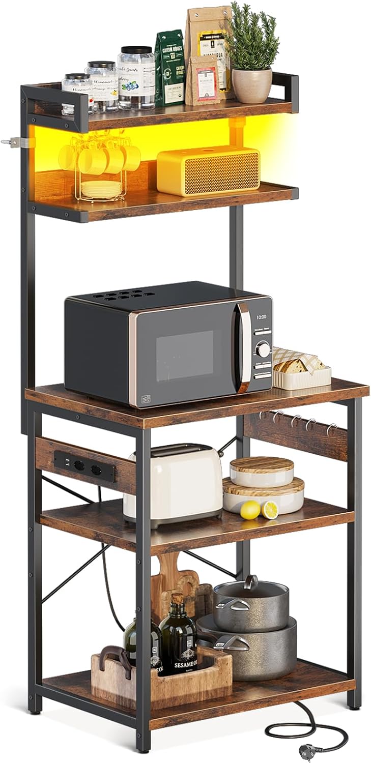 Coleshome Standing Kitchen Shelf with Socket & LED Lights Standing Shelf with 5 Shelves and 5 Hooks Microwave Shelf Steel Frame Industrial 60 W cm