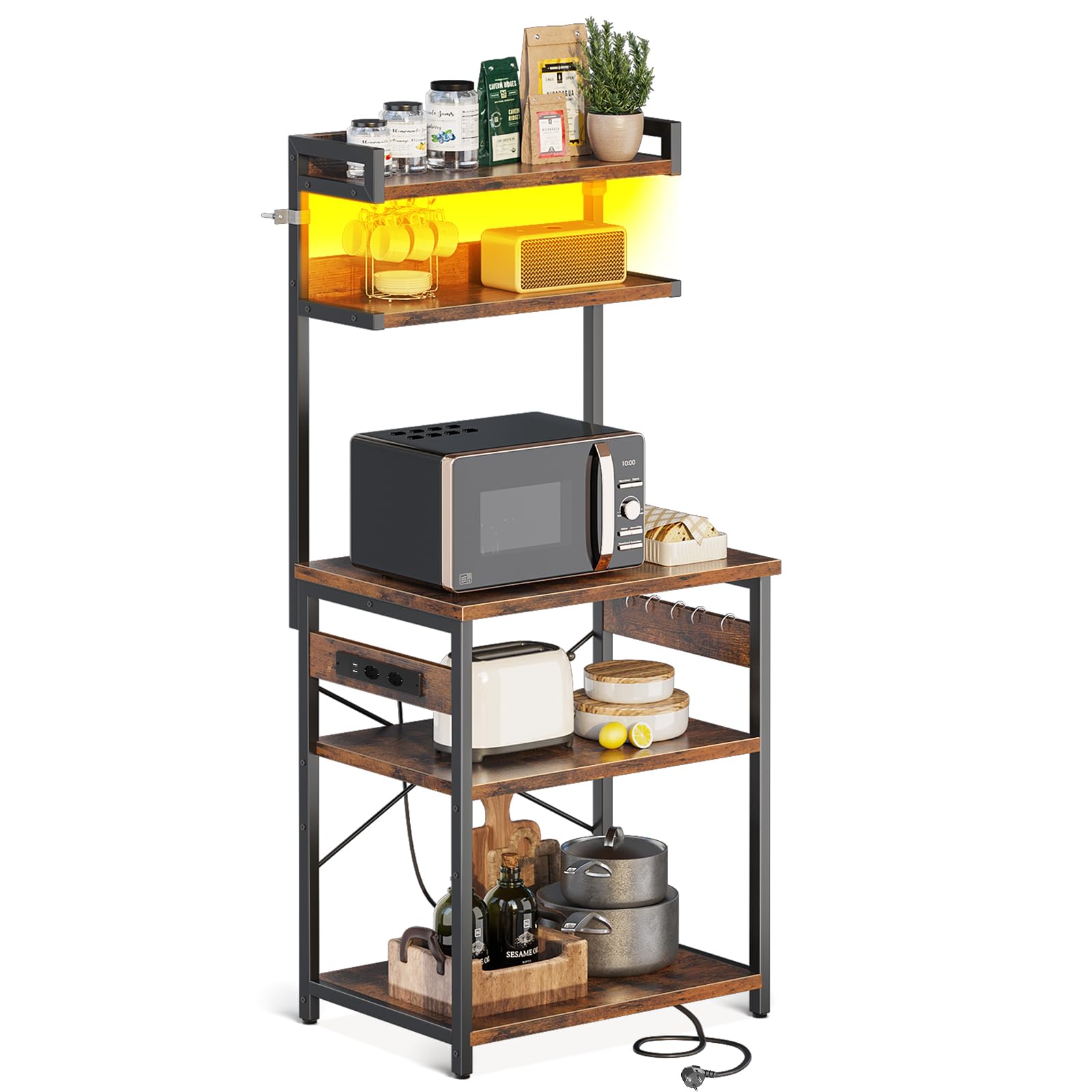 Coleshome Scaffale da Cucina con Prese Elettriche & Luci LED, Supporto per Forno a Microonde, Bar Caffè con 5 Ripiani e 5 Ganci, Struttura in Acciaio Industriale, 35x60x150 cm, Marrone Rustico