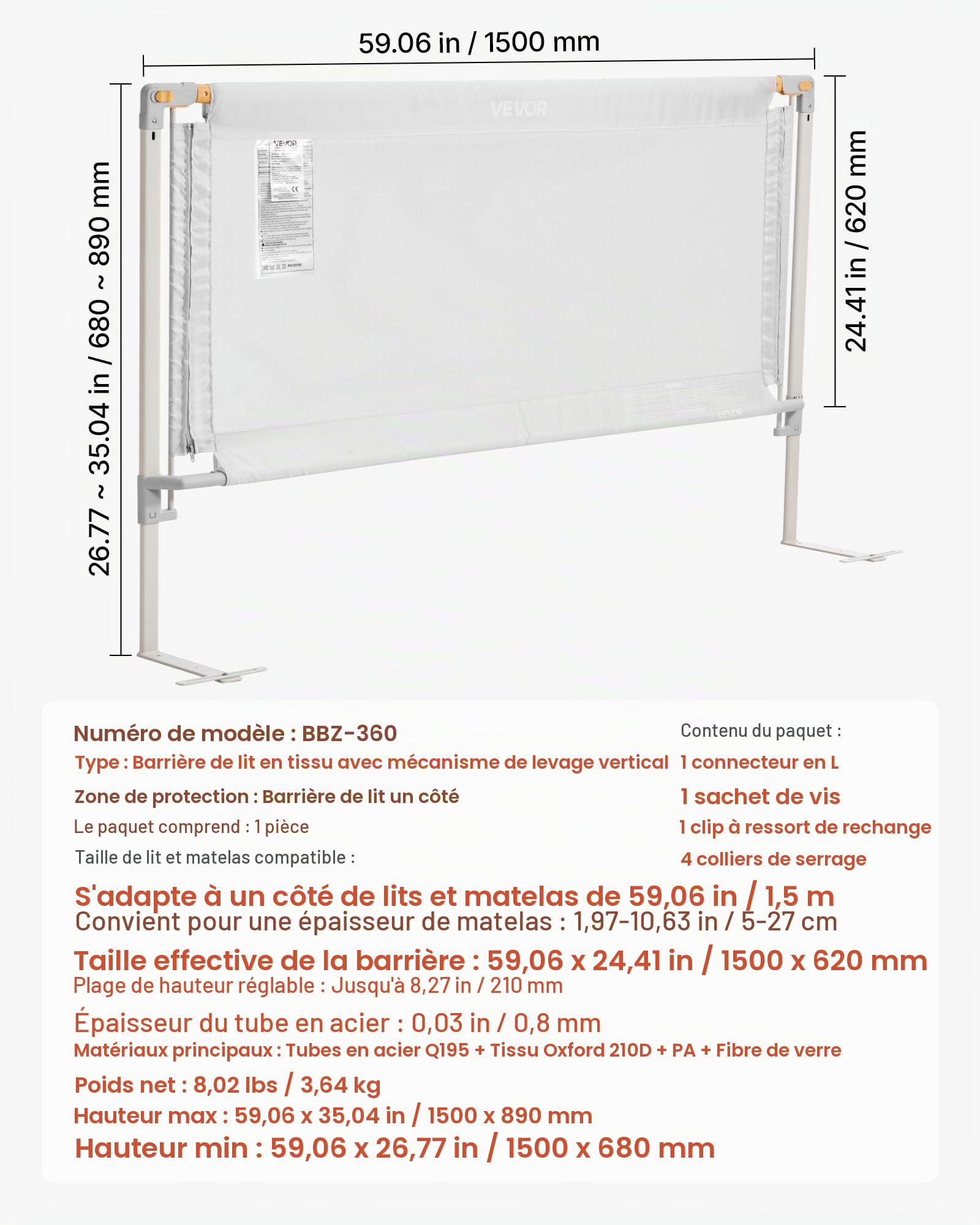 VEVOR Barrière de Sécurité de Lit pour Enfants, Longueur 1,5 m, Barrière de Lit pour Tout-Petits, avec Tube en Fer Renforcé, Tissu Oxford, Hauteur Réglable 68-89 cm, pour Épaisseur de Matelas 5-27 cm