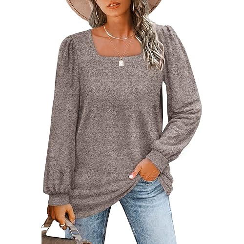 WIHOLL Tunic Tops for Women Loose Fit Long Sleeve Shirts Square Neck Tops