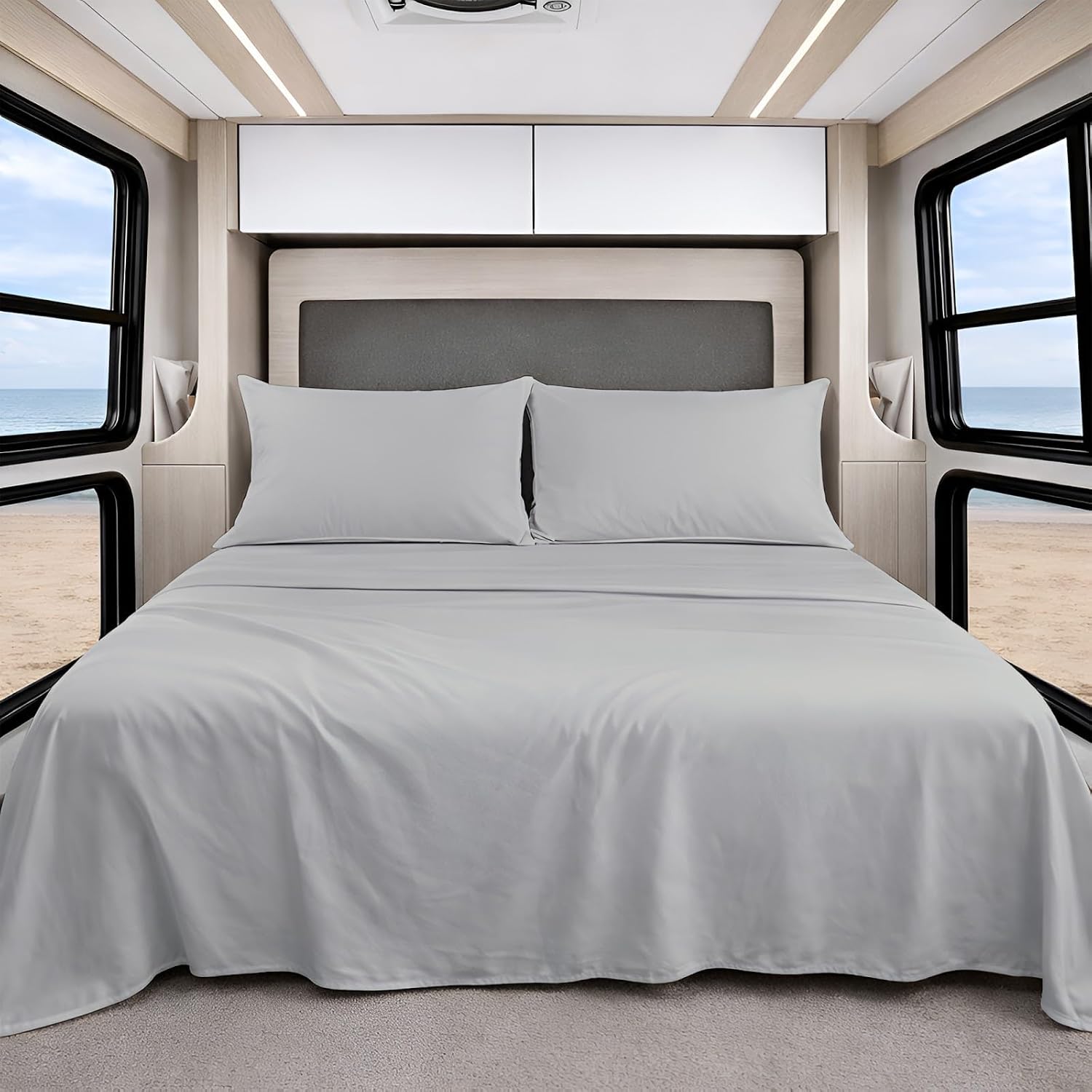 Shreem Linen Luxury 4 Piece Microfiber RV Sheet Set, Deep Pocket Fits Up to 10 inch, Soft, Wrinkle-Resistant, Camper, Travel Trailer Bedding, Short King 72x75, Light Grey