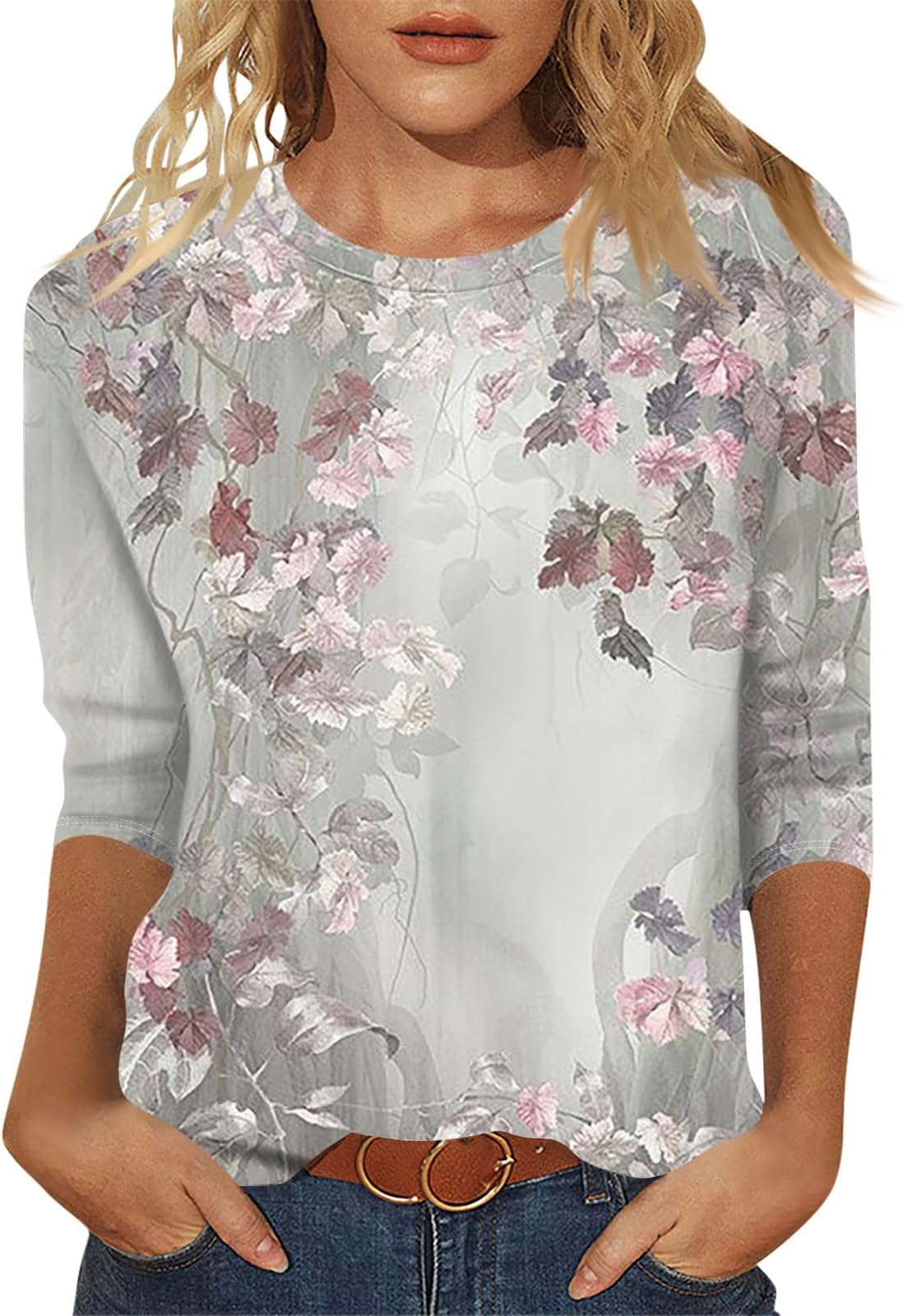 Womens Tops 3/4 Sleeve Shirts Trendy Floral Blouses Casual Loose Fit Summer Tee Crewneck Tunic Tops 2024 S-5XL