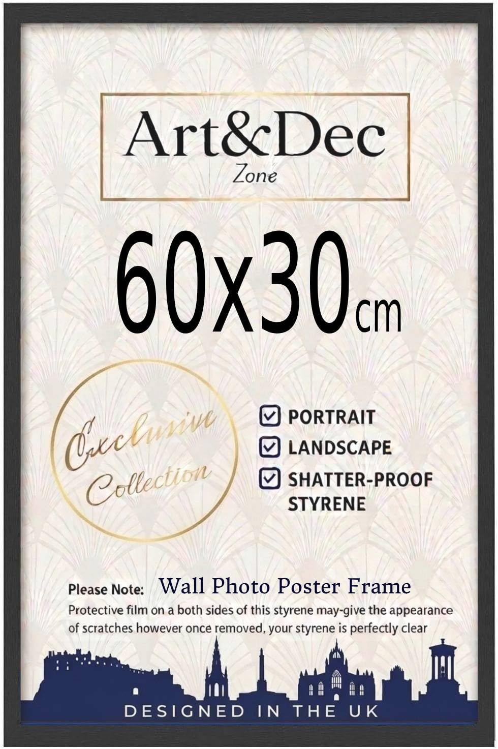 Art & Dec Zone® Sleek Black MDF Picture Frame 60x30 cm – High-Clarity Shatter-Proof Acrylic Poster Holder for Modern Wall Décor
